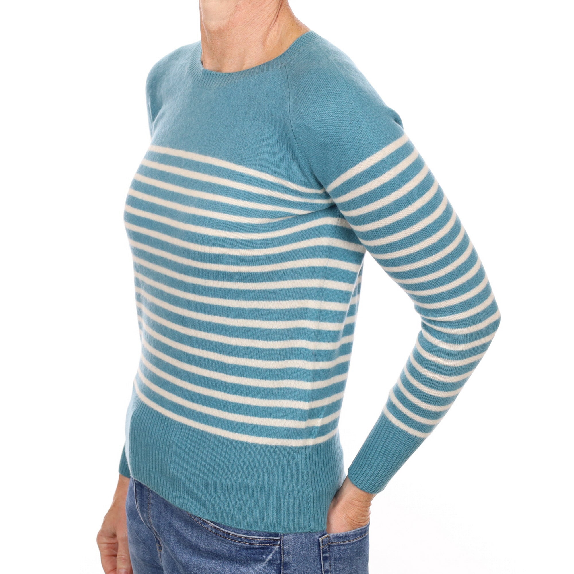 Sea Green Stripe Cashmere Crew Neck Jumper Small