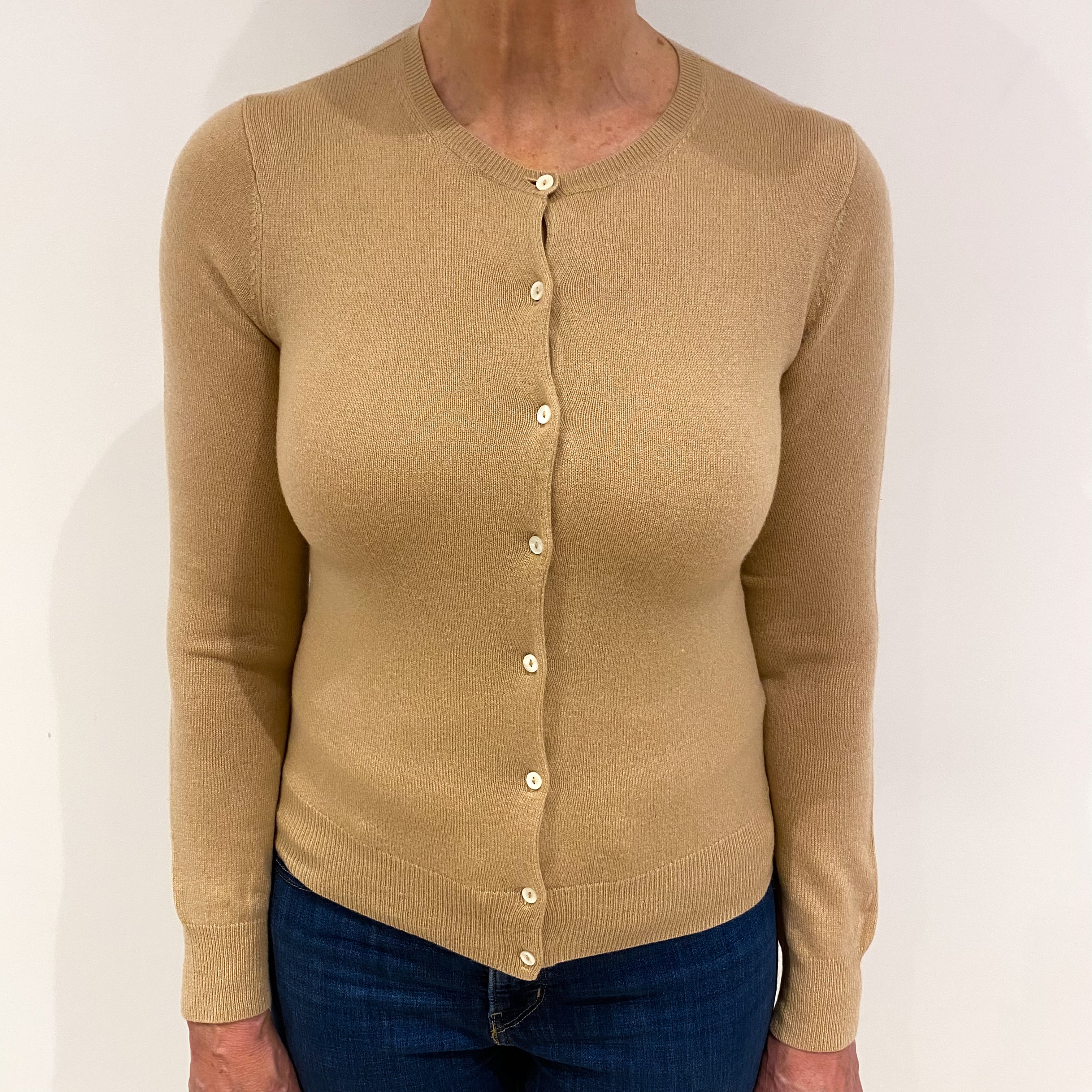 Caramel Brown Cashmere Crew Neck Cardigan Medium
