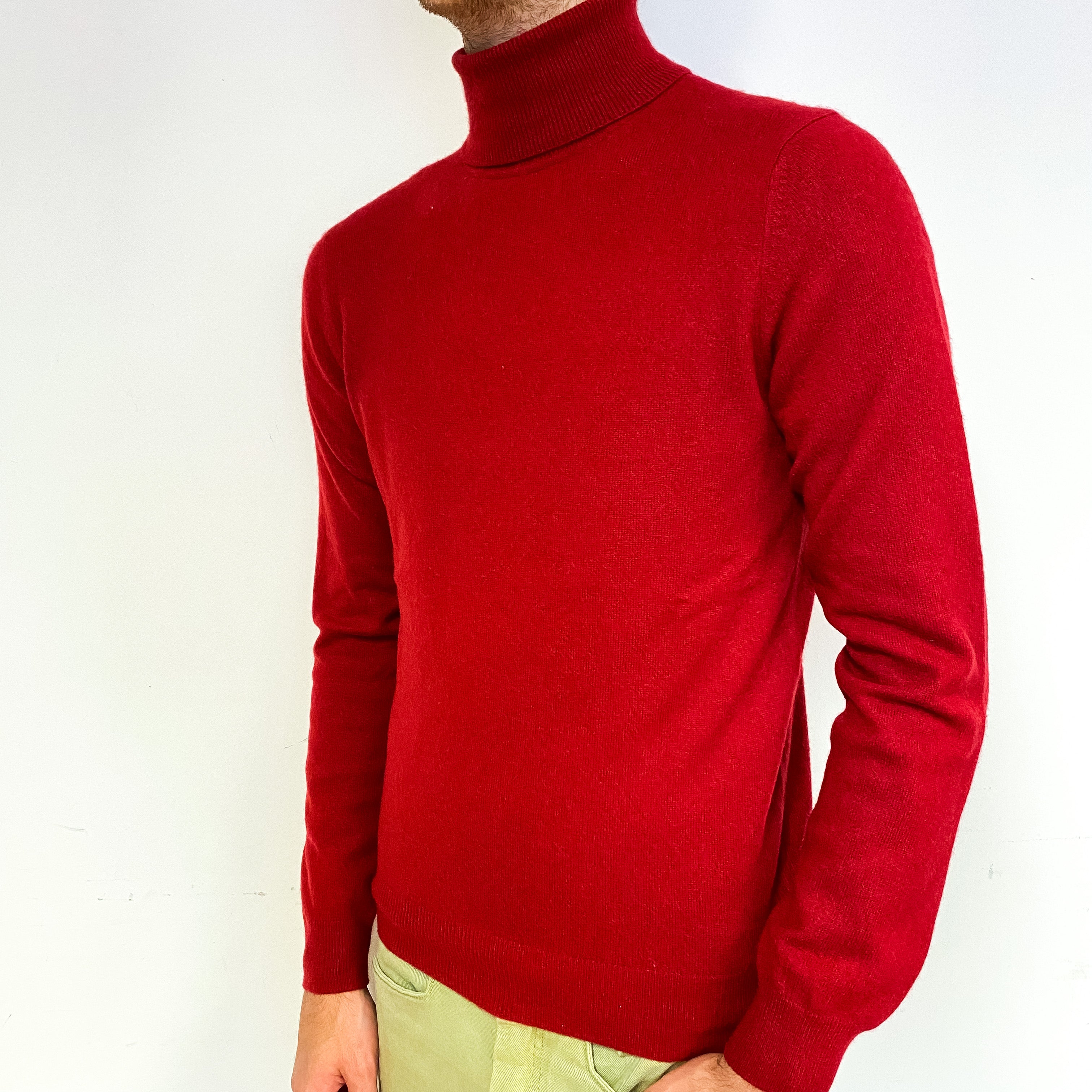 Men's Crimson Red Cashmere Polo Neck Jumper Medium