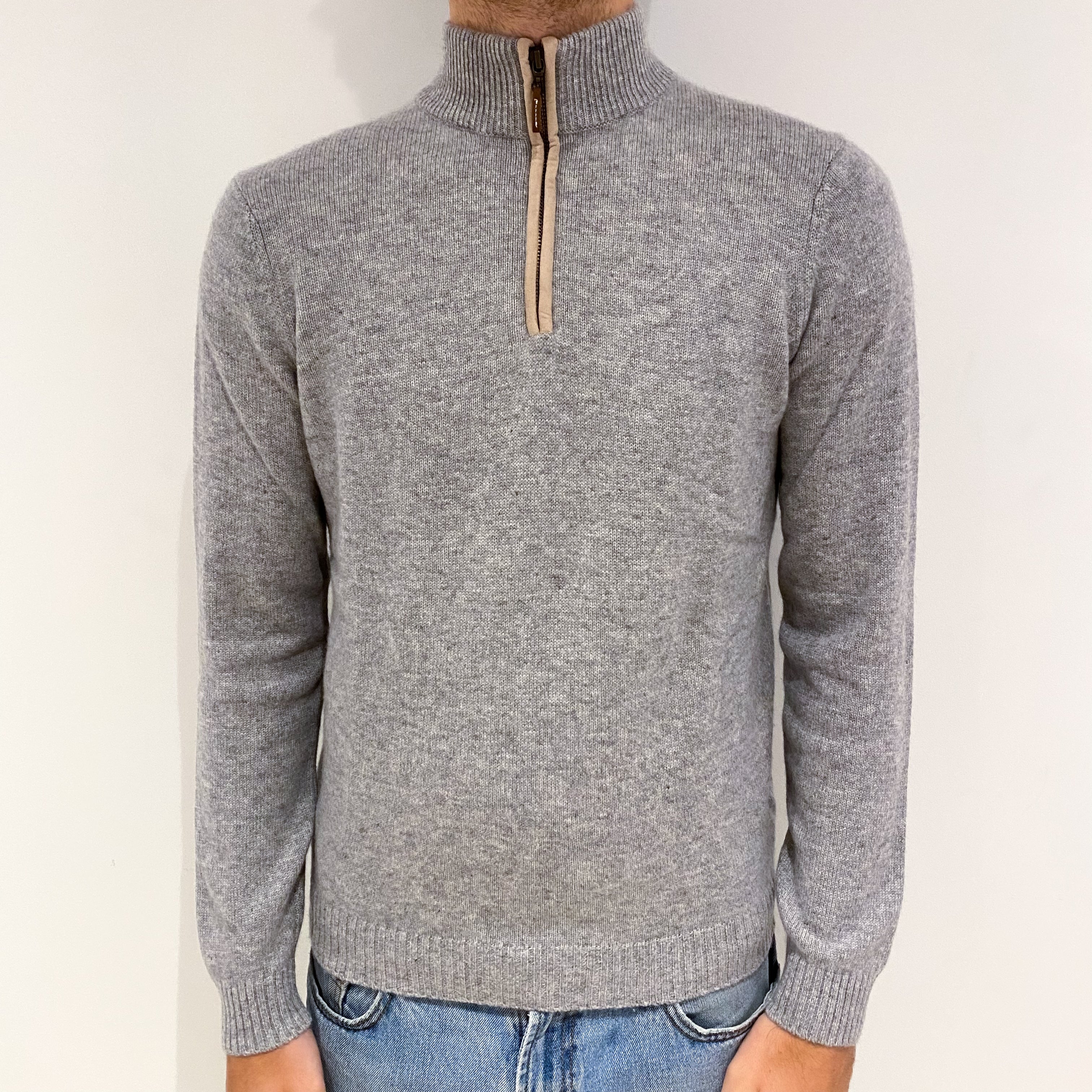 Men's Smoke Grey Cashmere 1/4 Zip Jumper Large