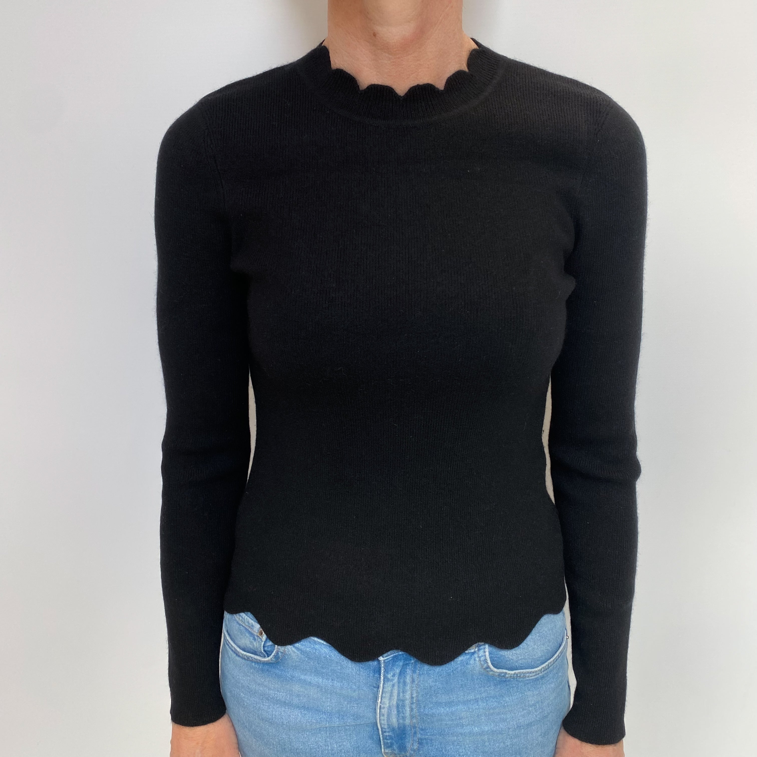 Black Cashmere Scalloped Edge Crew Neck Jumper Small