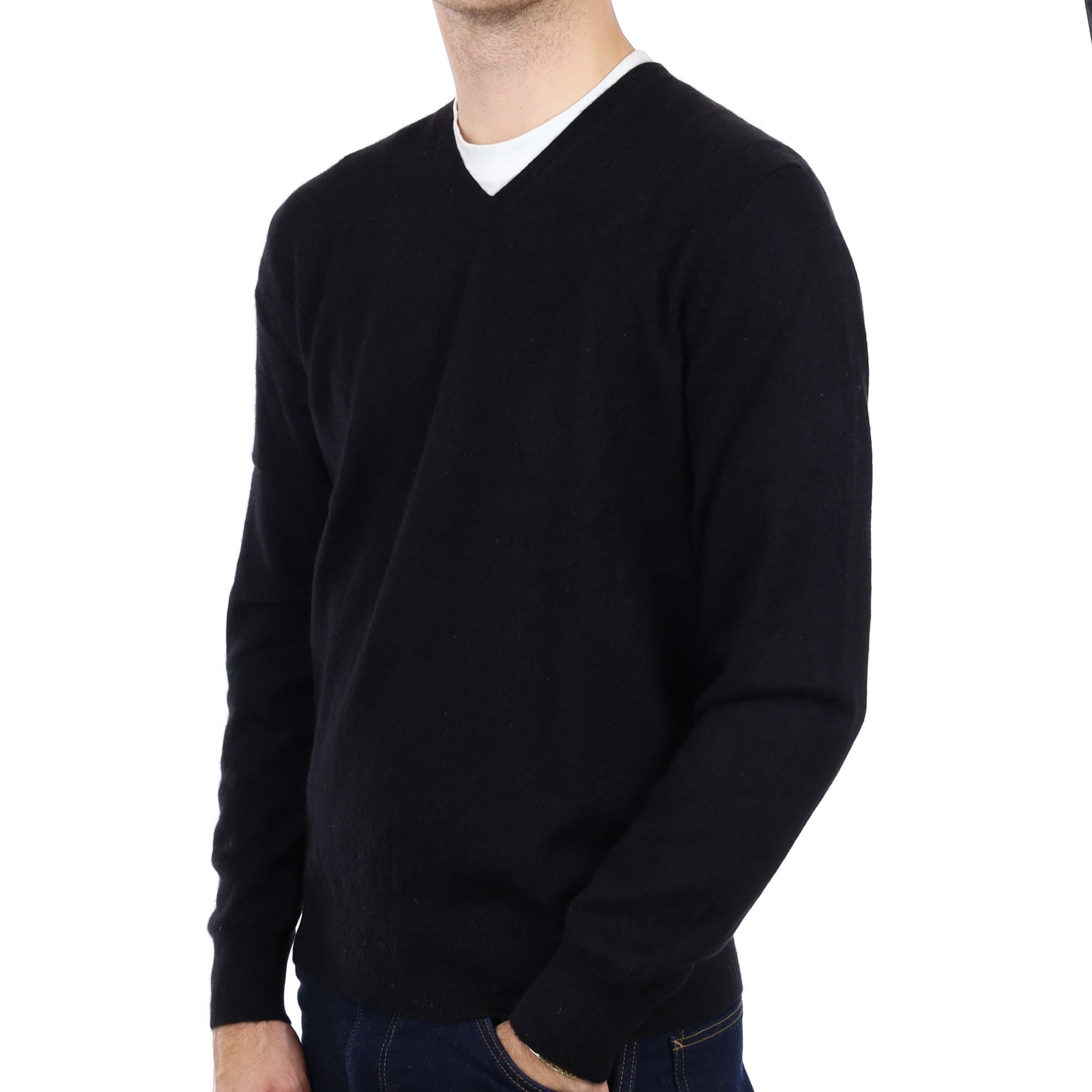 Men's Black Cashmere V Neck Jumper Medium