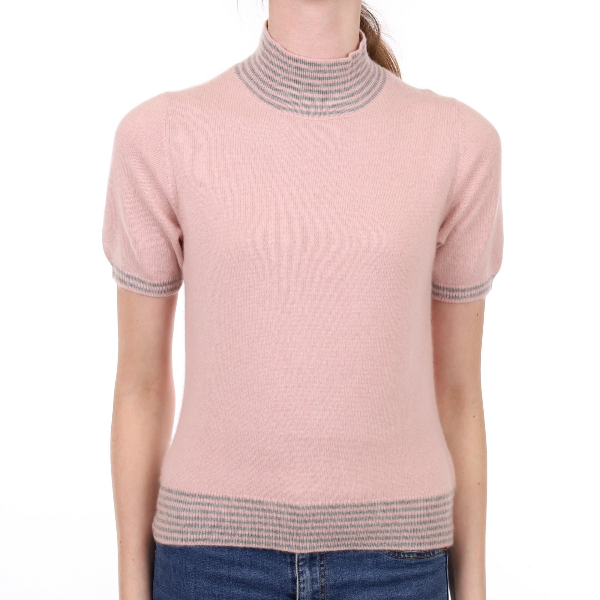 Carnation Pink Cashmere Turtle Neck Short Sleeved Jumper Extra Small