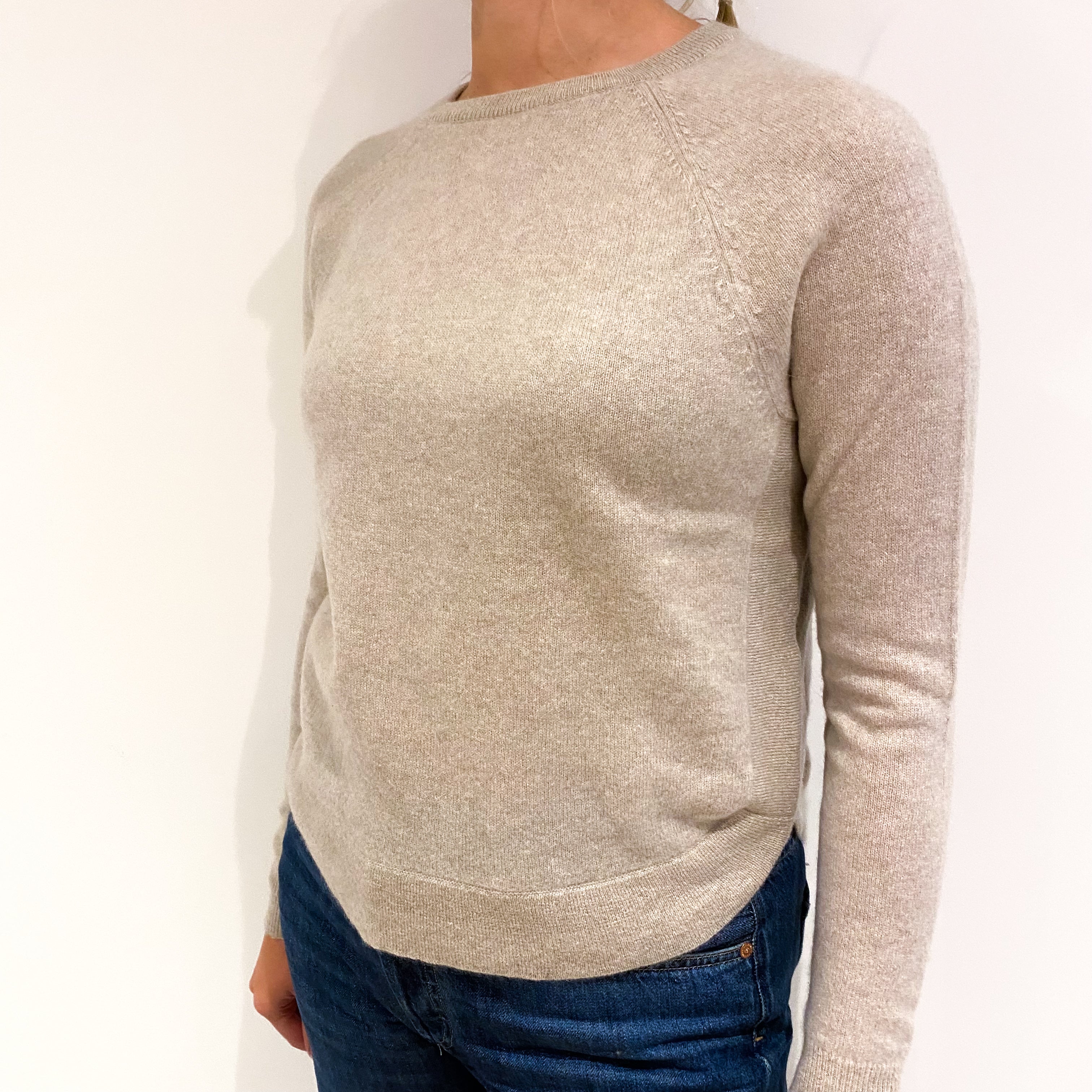 Fawn Beige Scooped Hem Cashmere Crew Neck Jumper Small