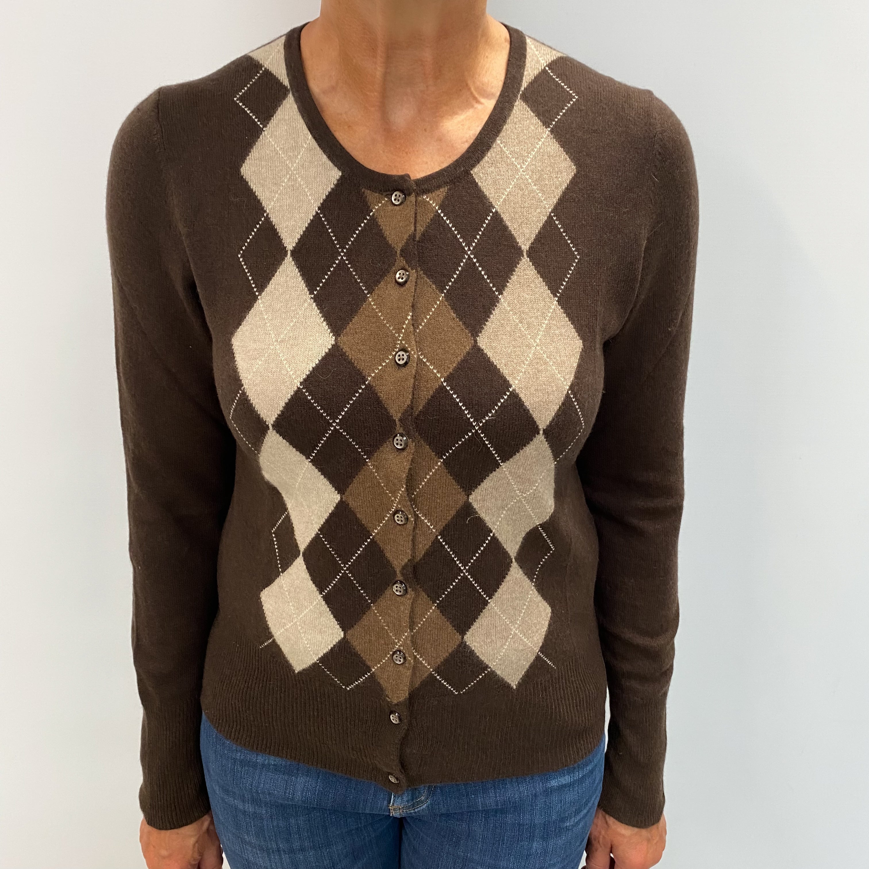 Peppercorn Brown Argyle Cashmere Crew Neck Cardigan Medium
