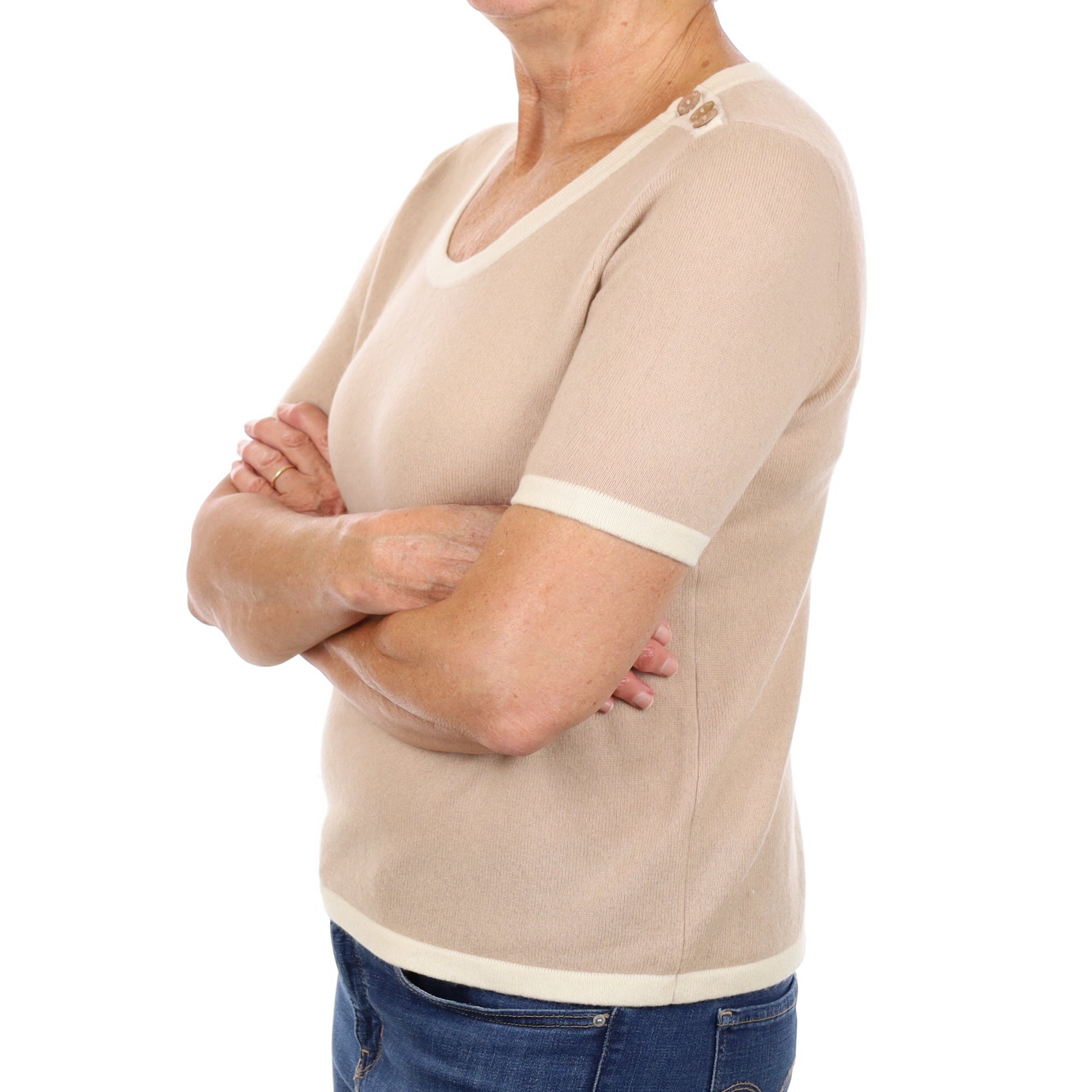 Nude Beige Cashmere Crew Neck Short Sleeve Jumper Medium