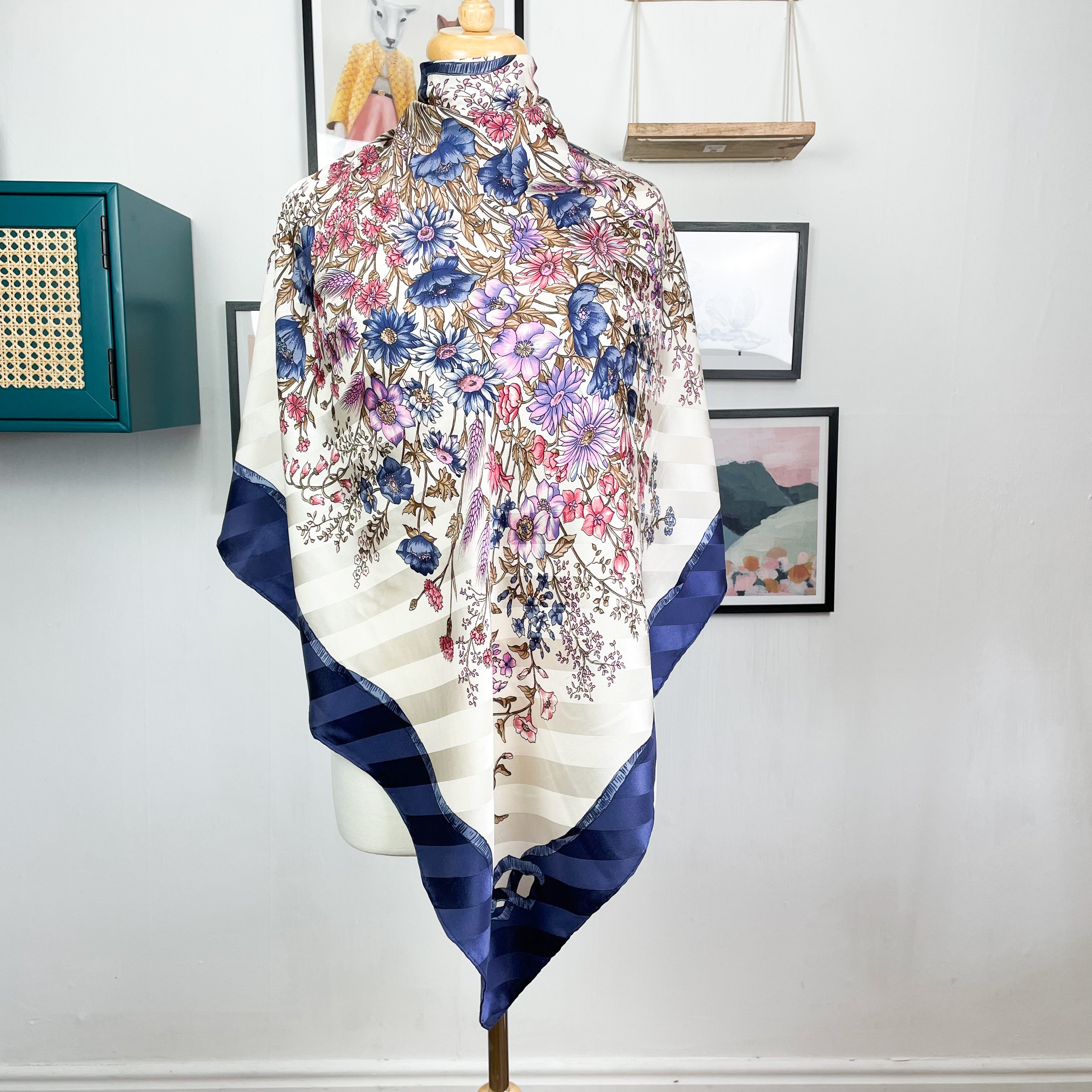 Large Floral Vintage Satin Silk Scarf