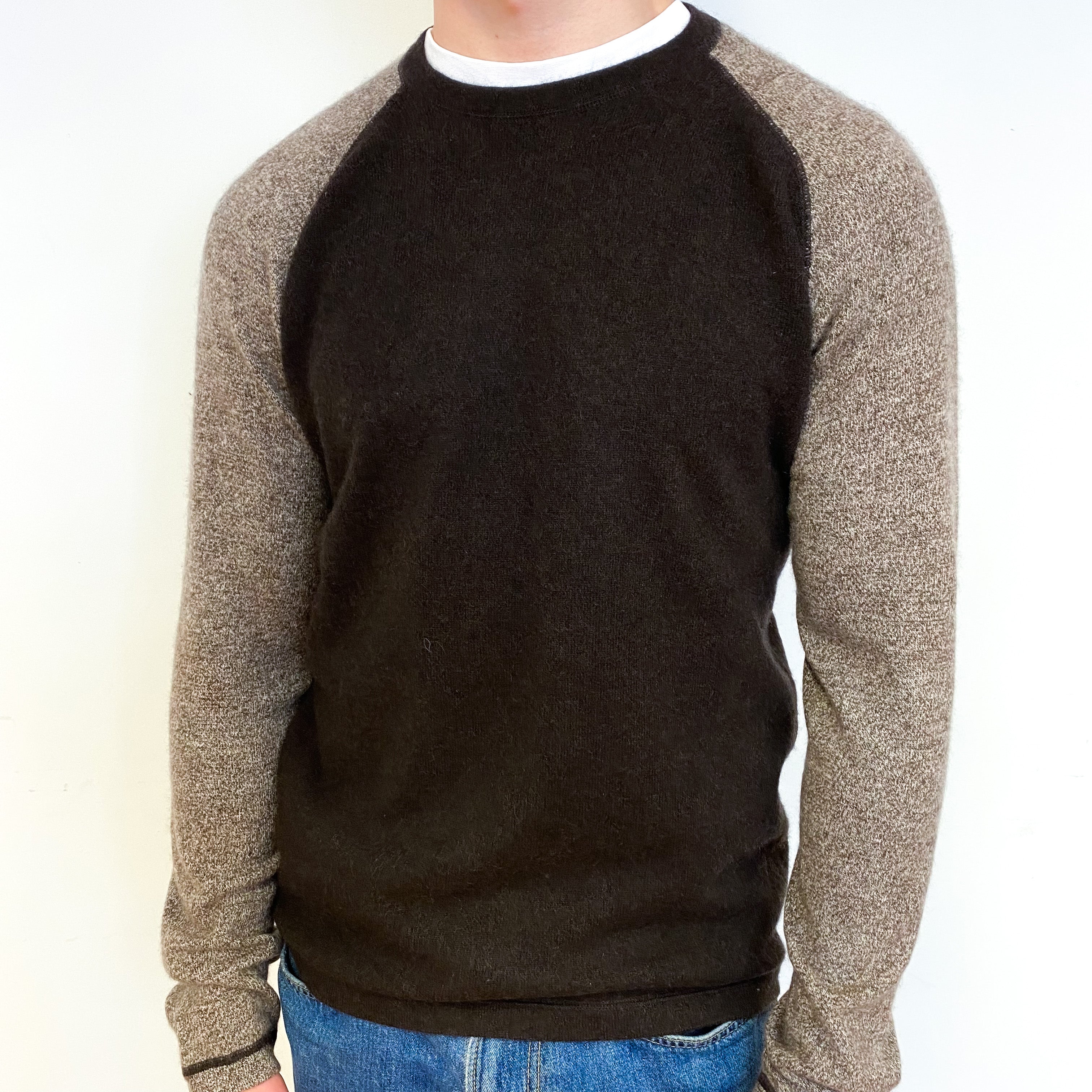 Men’s Brown and Biscuit Cashmere Crew Neck Jumper Small