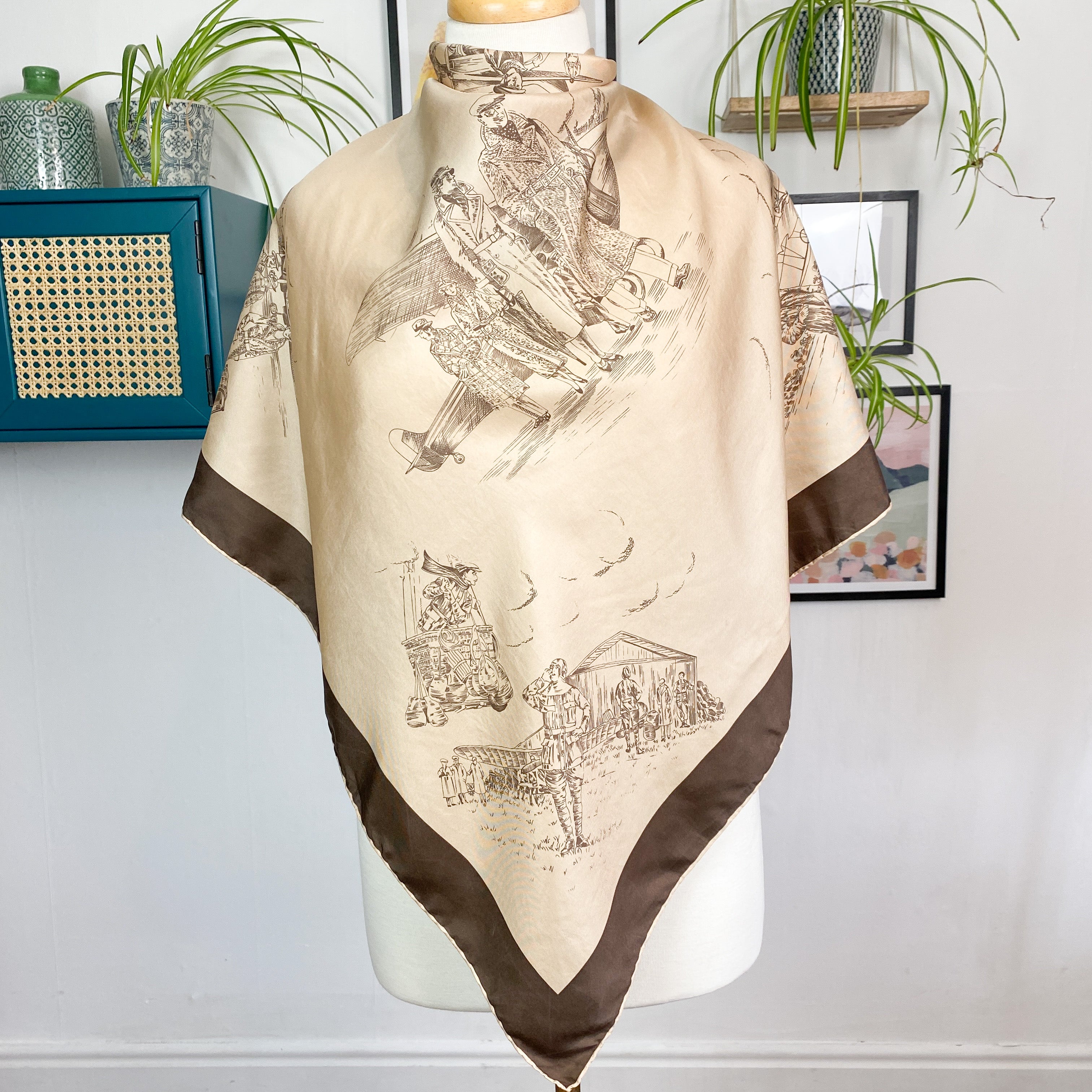 Burberry Old Aircraft Scene Vintage Silk Scarf