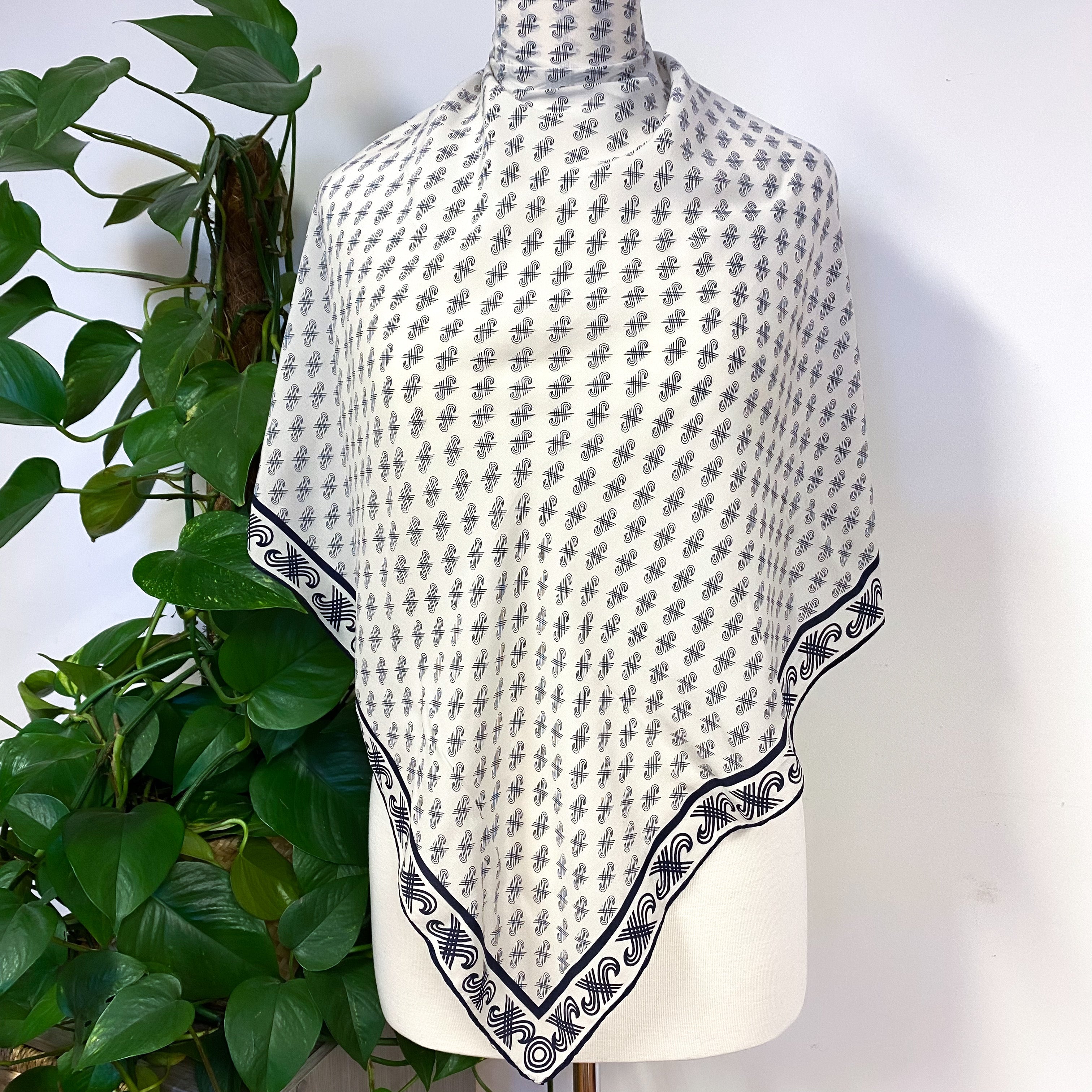 1970s Navy Blue and White Jaeger Vintage Silk Scarf