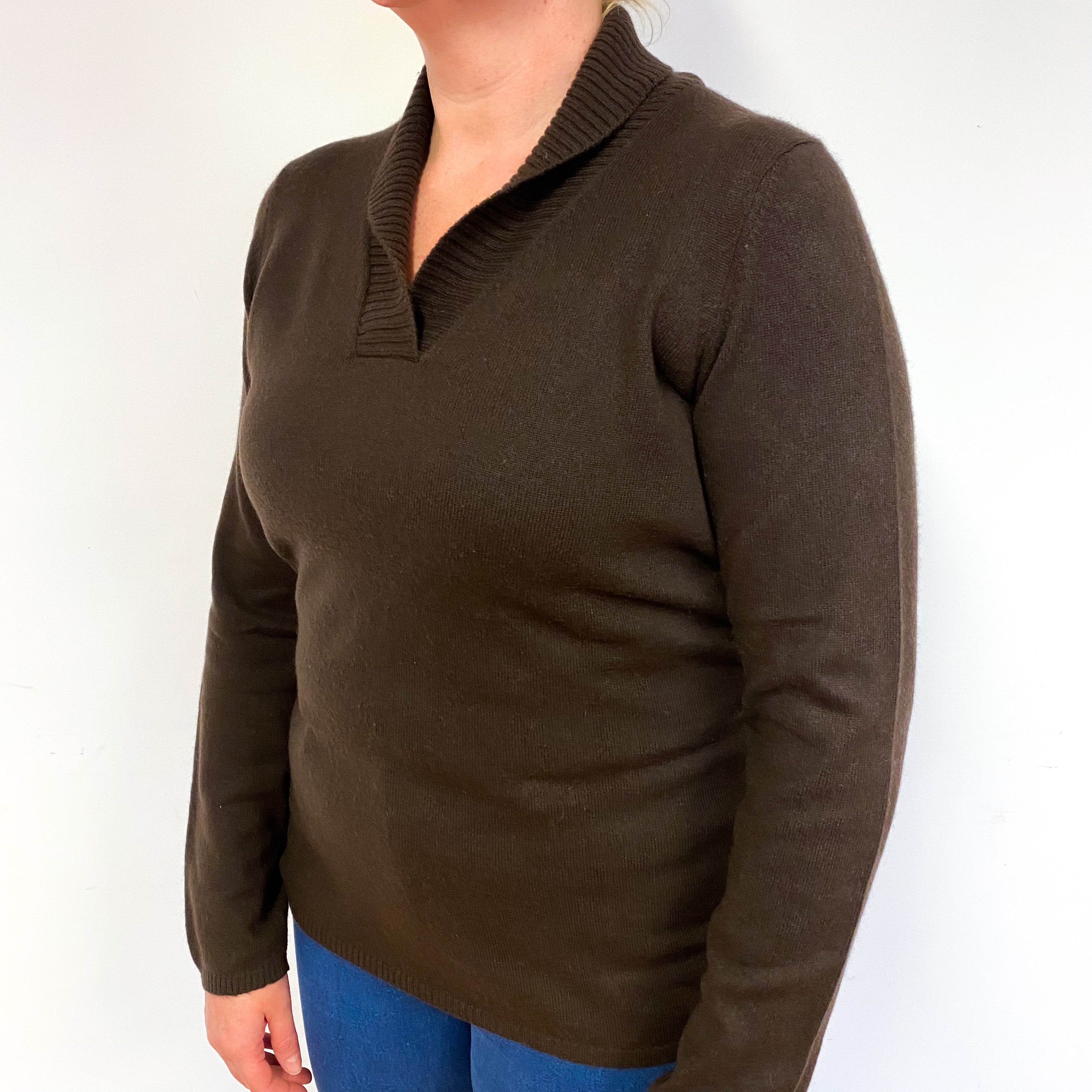 Chocolate Brown Collared Cashmere V-Neck Jumper Large