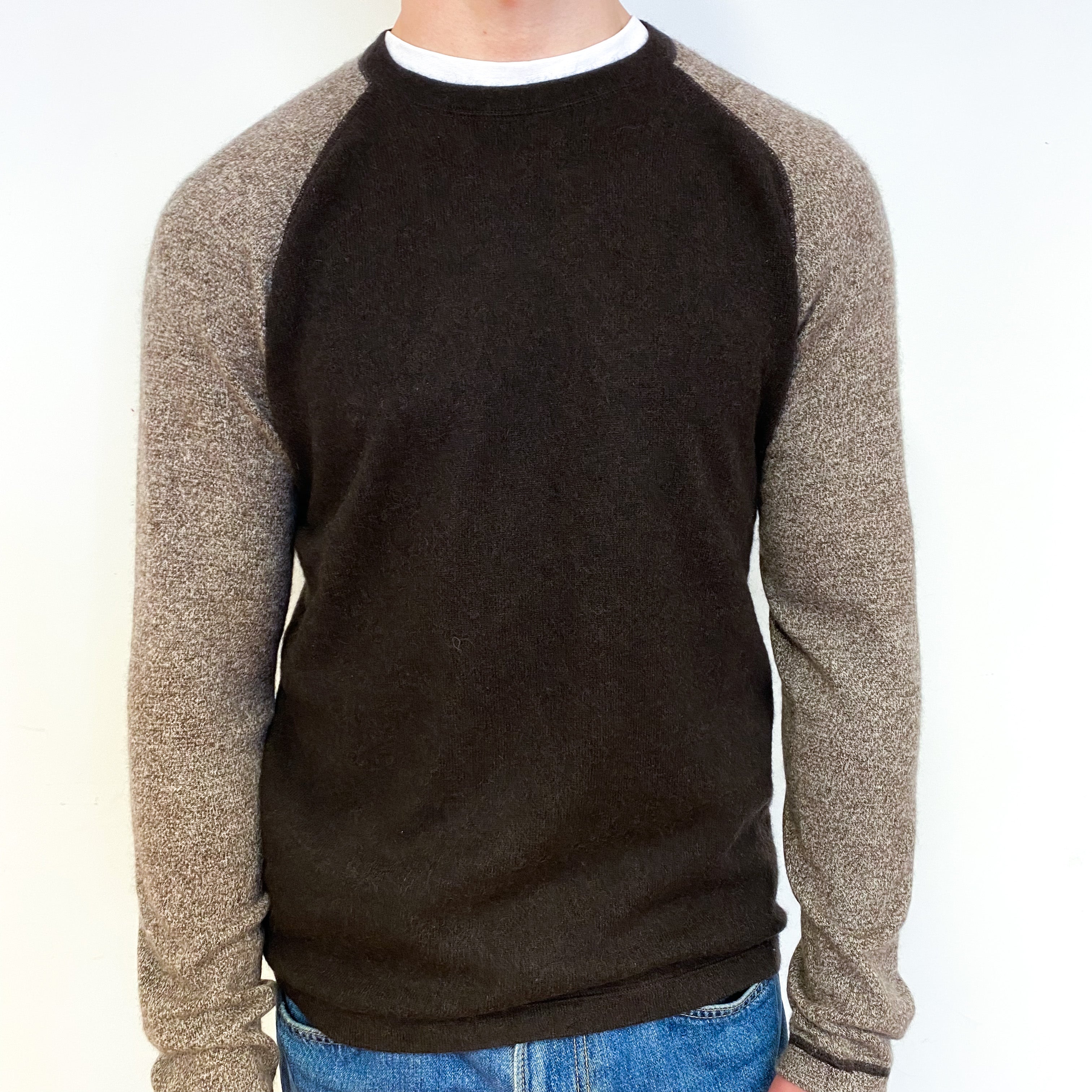 Men’s Brown and Biscuit Cashmere Crew Neck Jumper Small