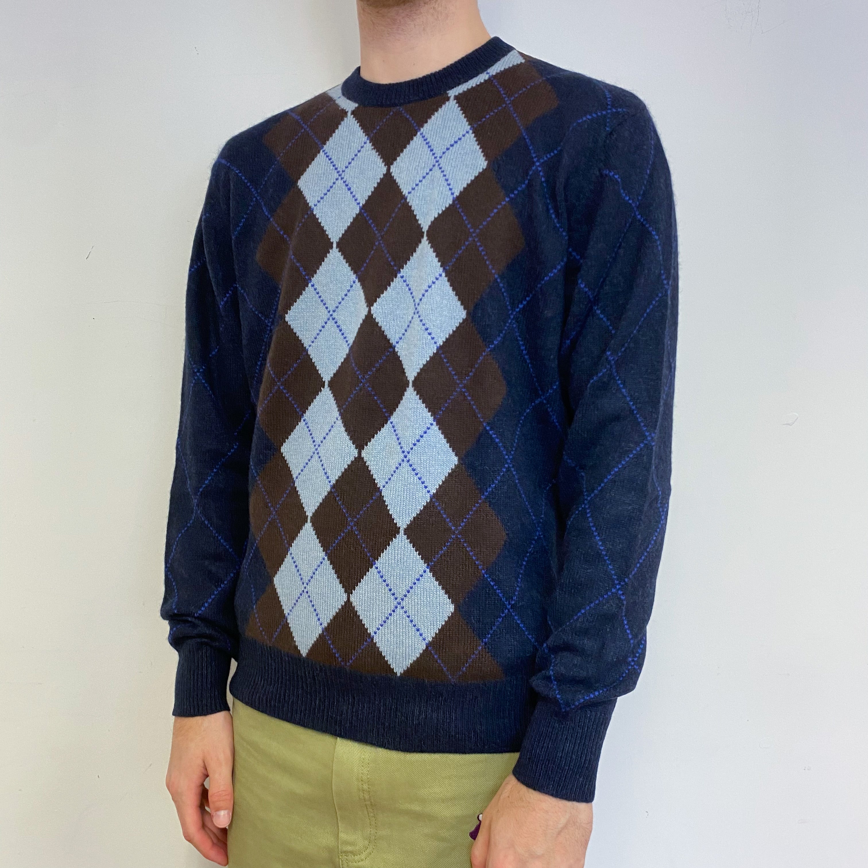 Men’s Vintage Navy Diamond Patterned Crew Neck Jumper Medium