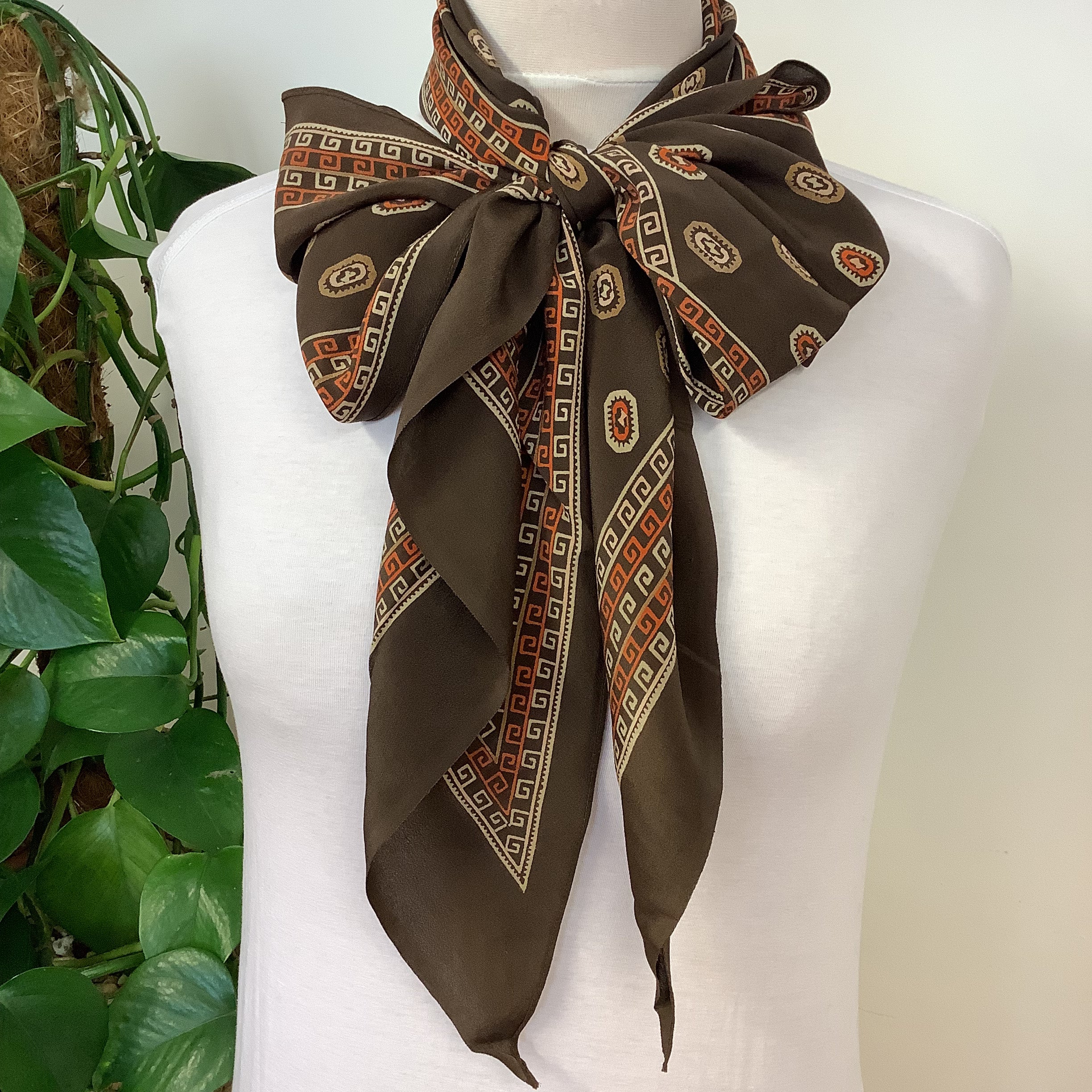 1940s Long Pussy Bow Browns Vintage Silk Scarf