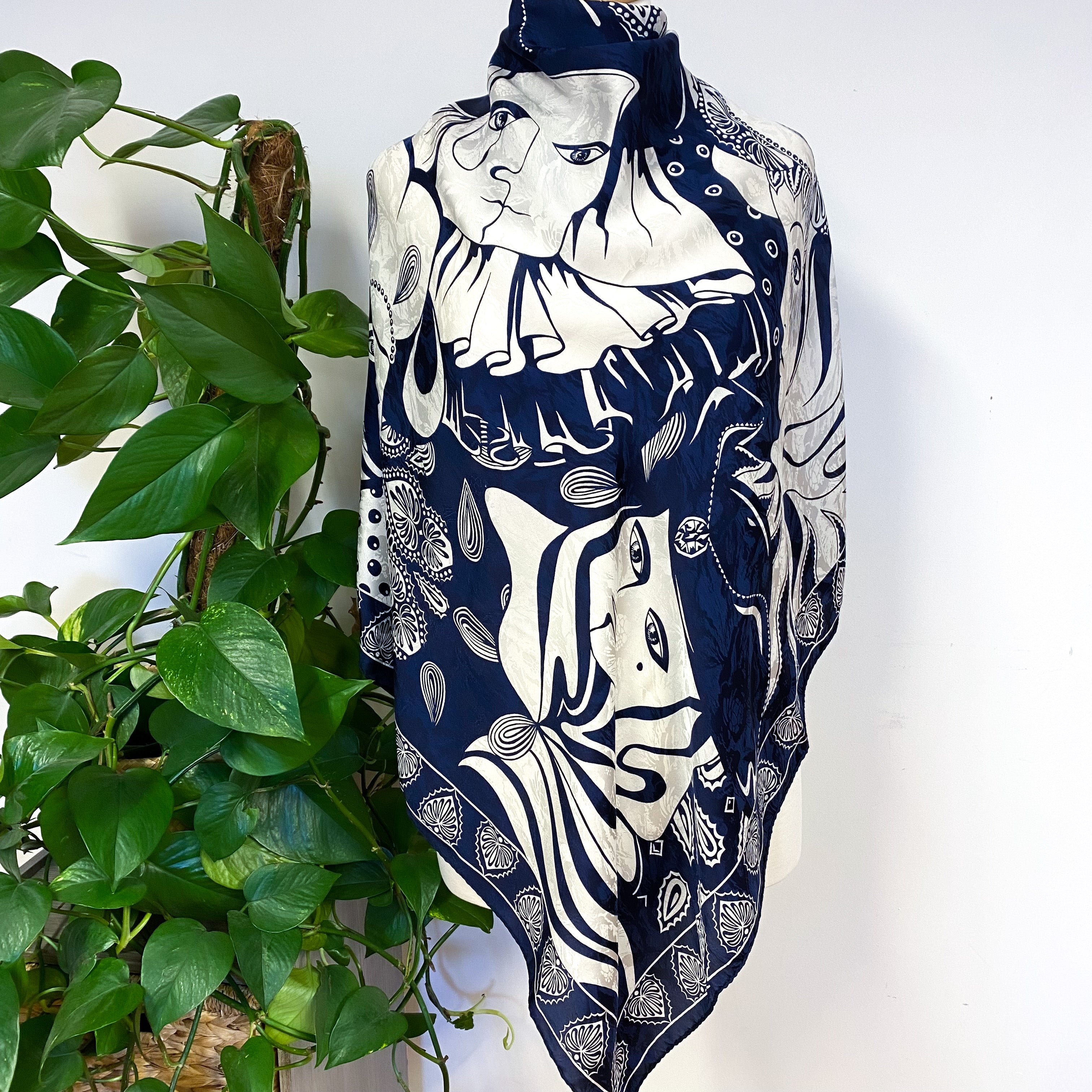 Italian Opera Theme Navy and White Design Large Silk Scarf