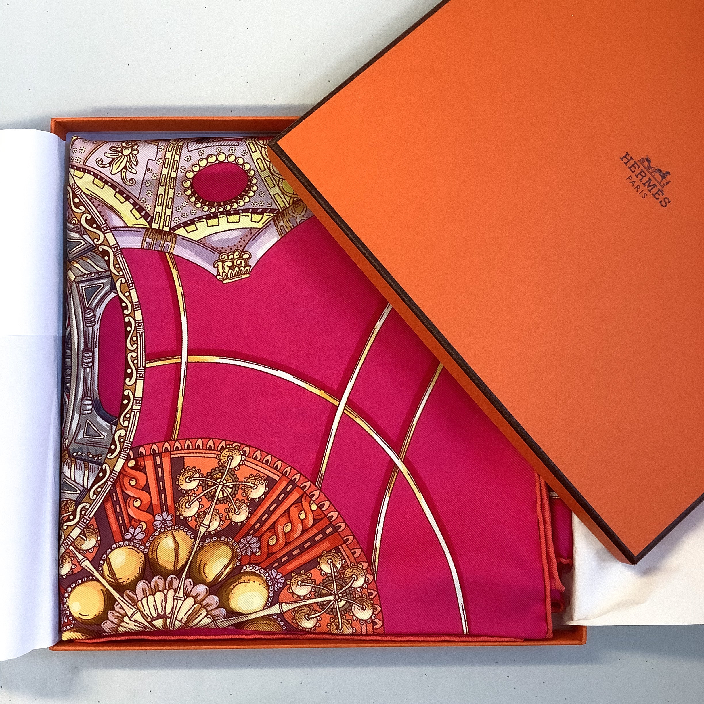 Boxed Hermes Les Domes Celeste Designer Silk Scarf
