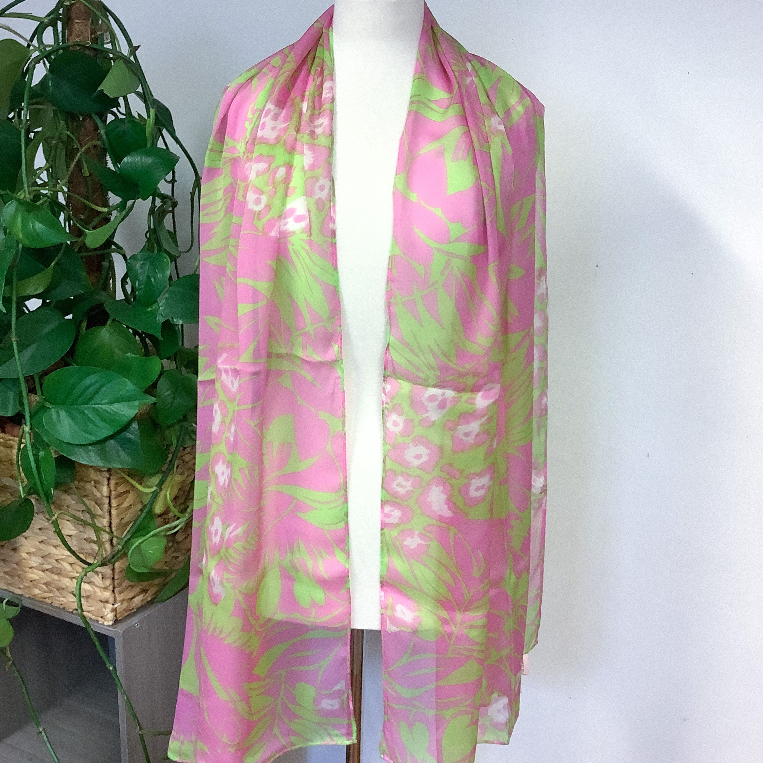 Escada Pink and Lime Green Long Silk Scarf