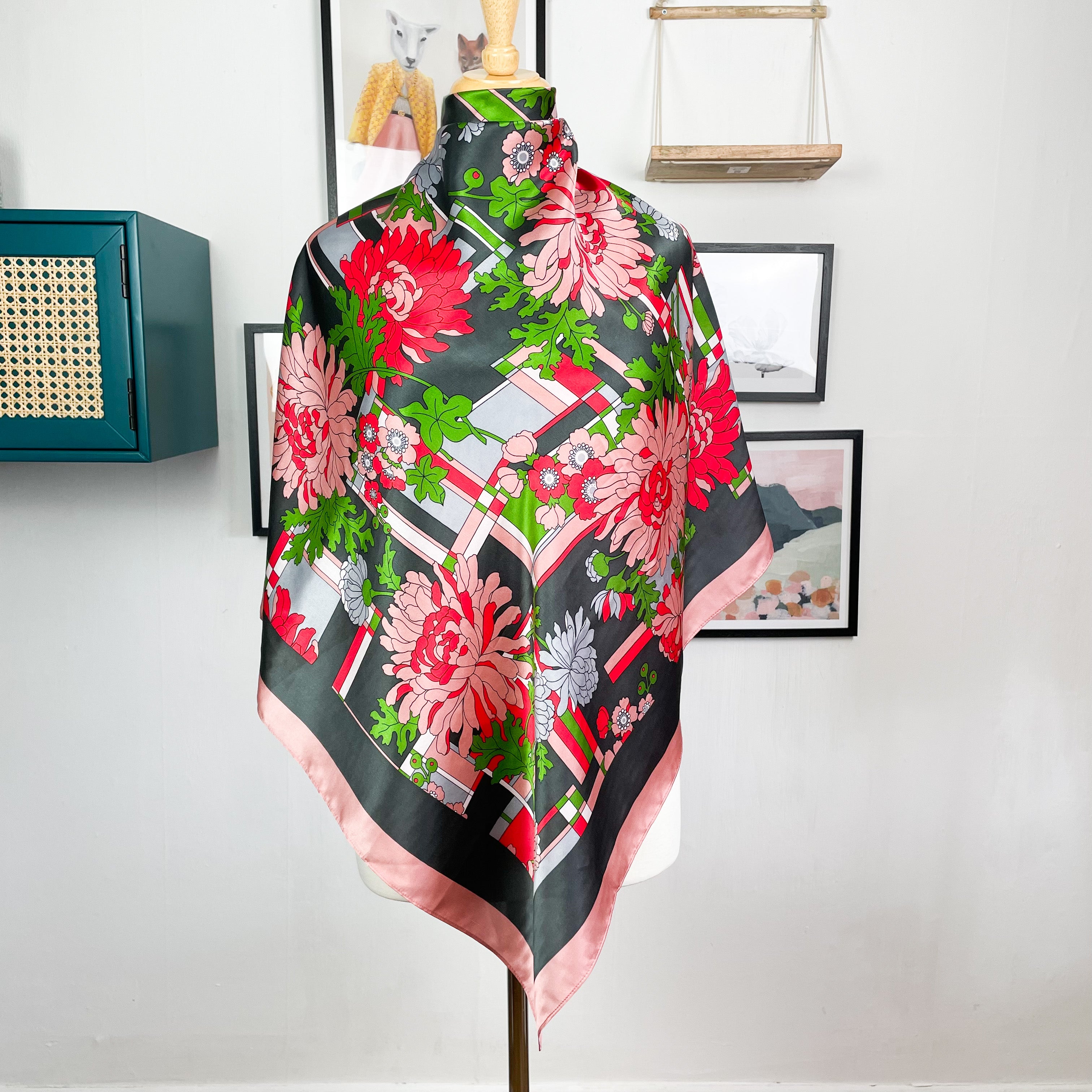 Pink Soda Floral Satin Silk Scarf