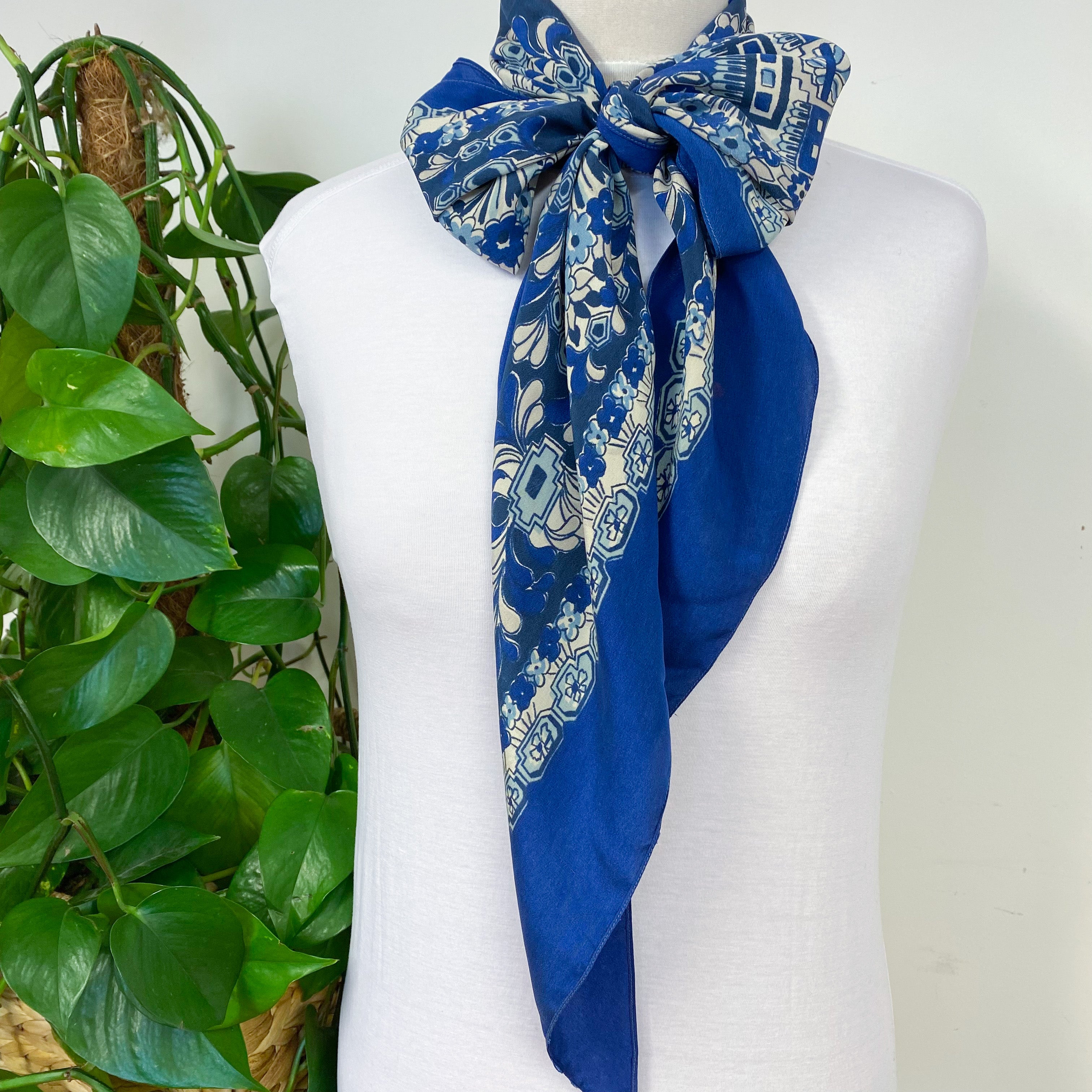 1940s Long Pussy Bow Blues Vintage Silk Scarf