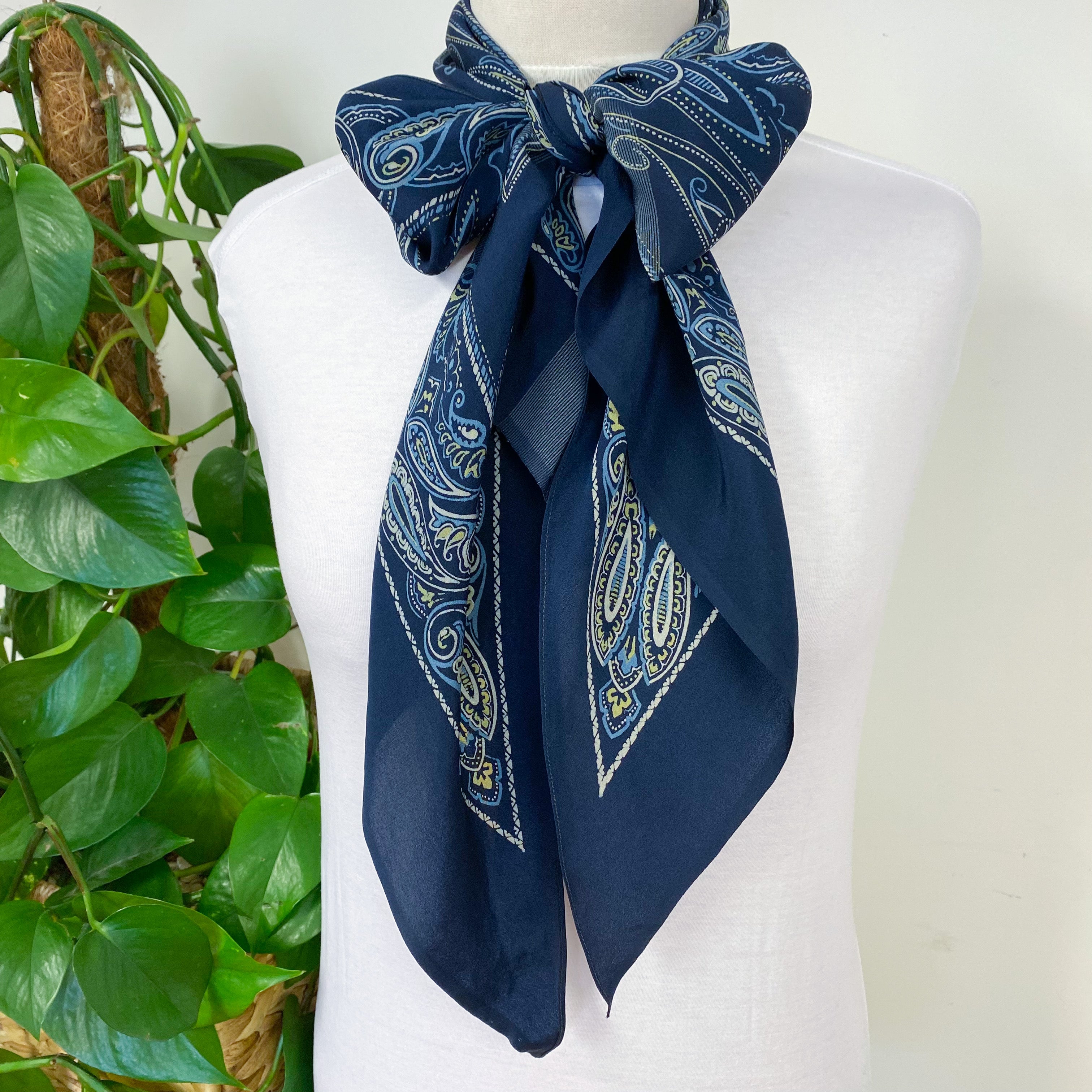 1940s Long Pussy Bow Blues Vintage Silk Scarf