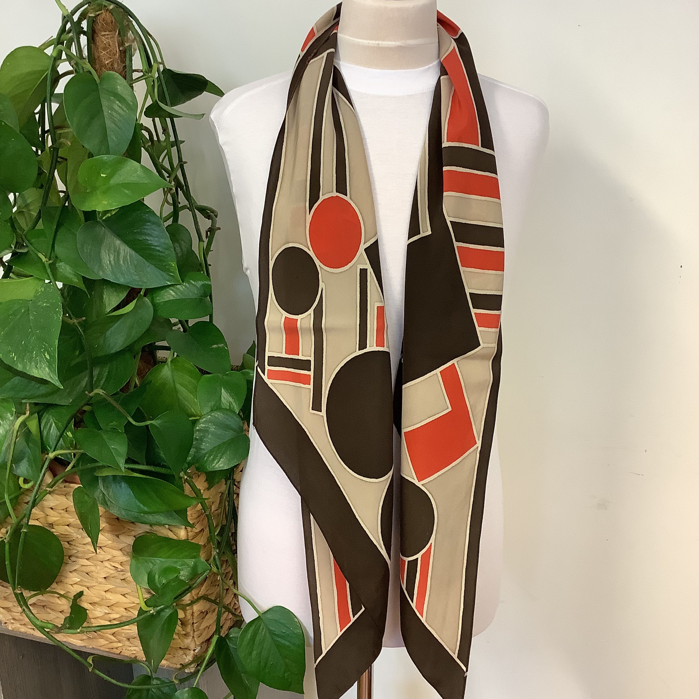 1940s Long Pussy Bow Brown and Orange Vintage Silk Scarf