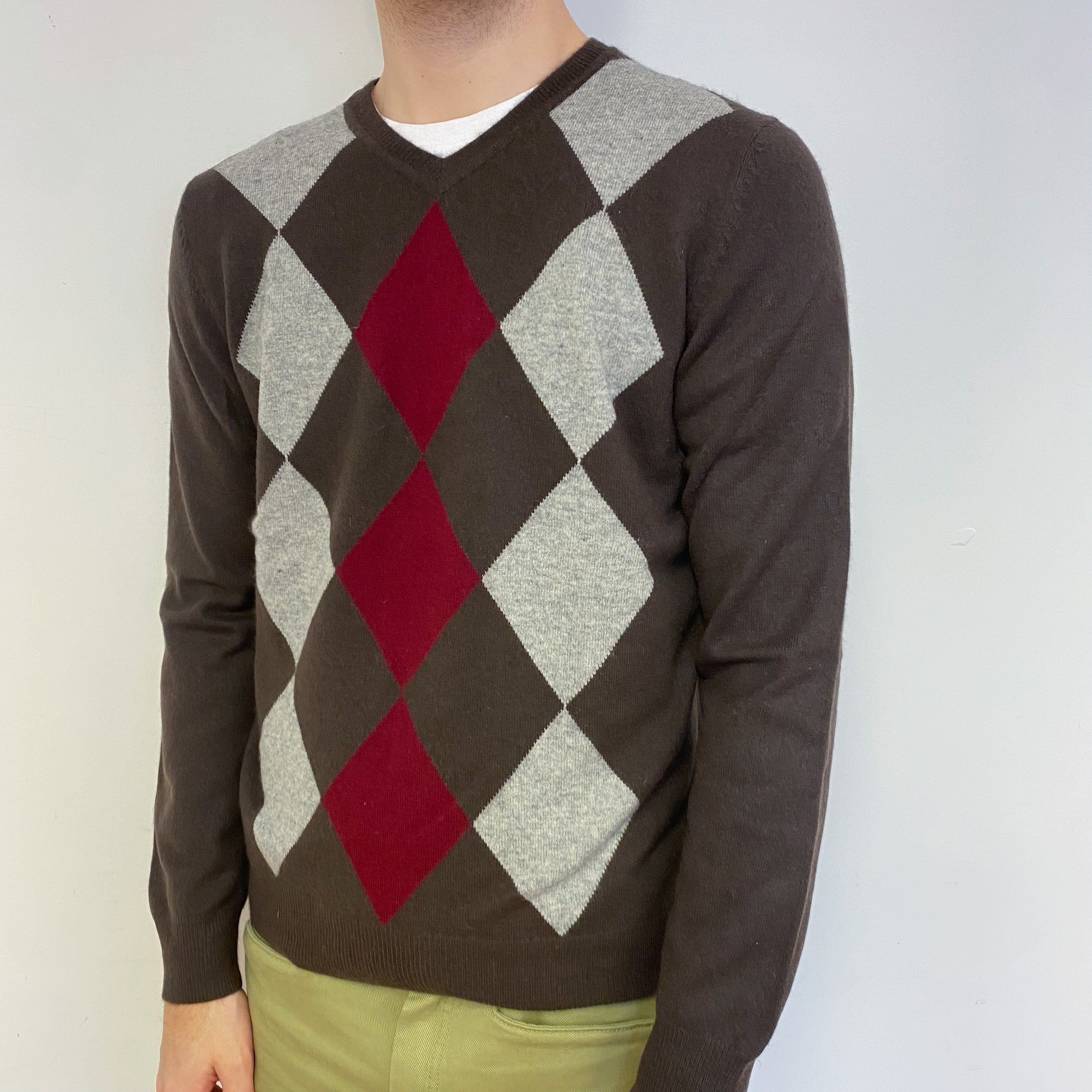 Men’s Chocolate Brown Diamond Patterned V Neck Jumper Large