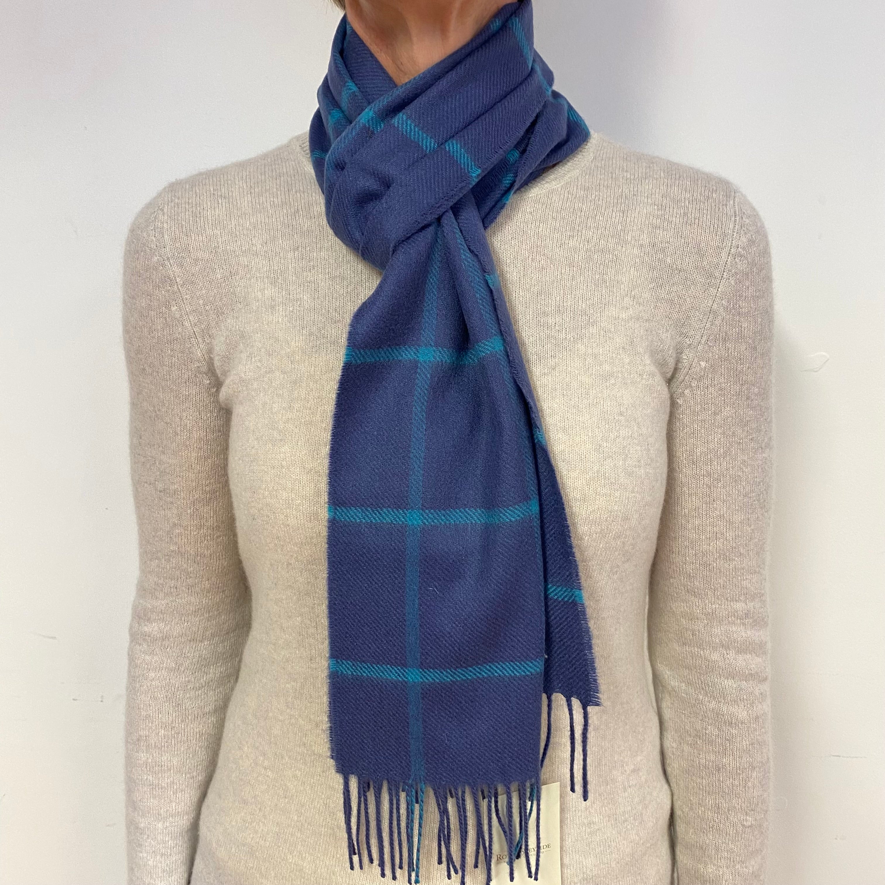 Brand New Scottish Woven Cashmere Scarf Indigo Windowpane