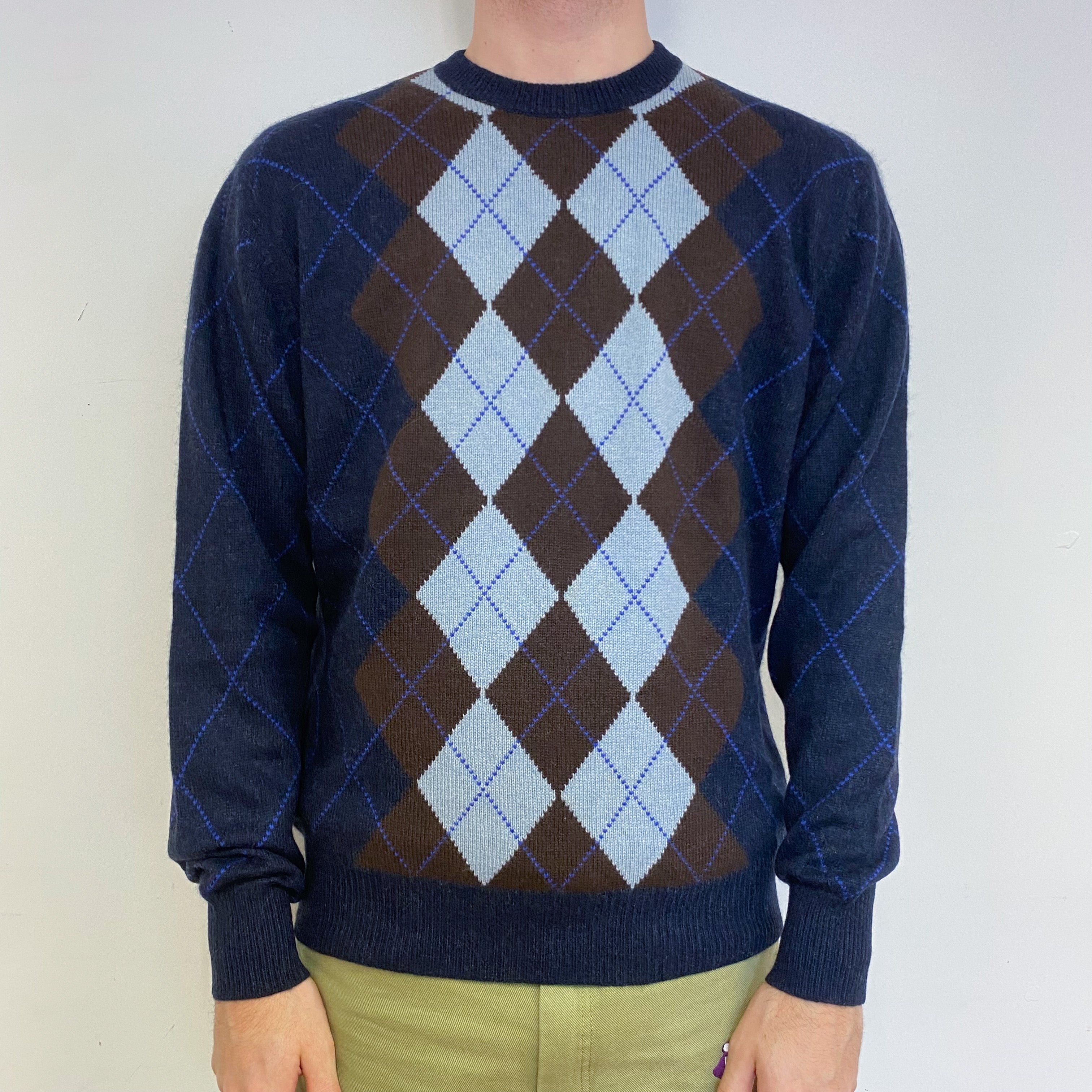 Men’s Vintage Navy Diamond Patterned Crew Neck Jumper Medium