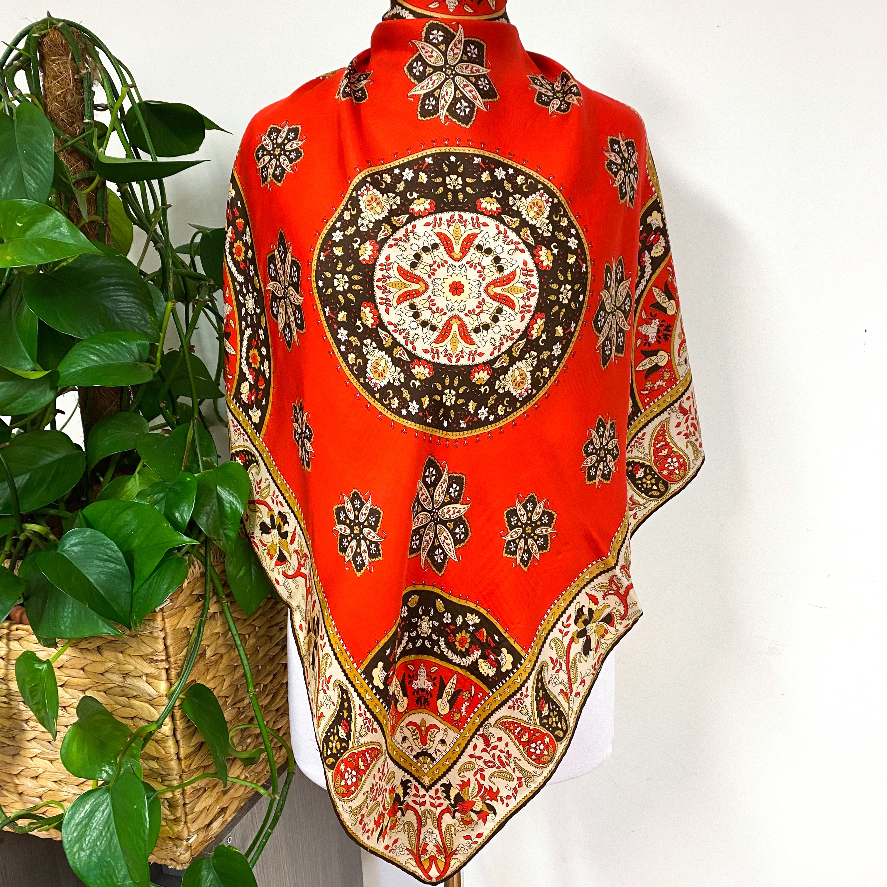 1970s Red and Brown Paisley Vintage Silk Scarf