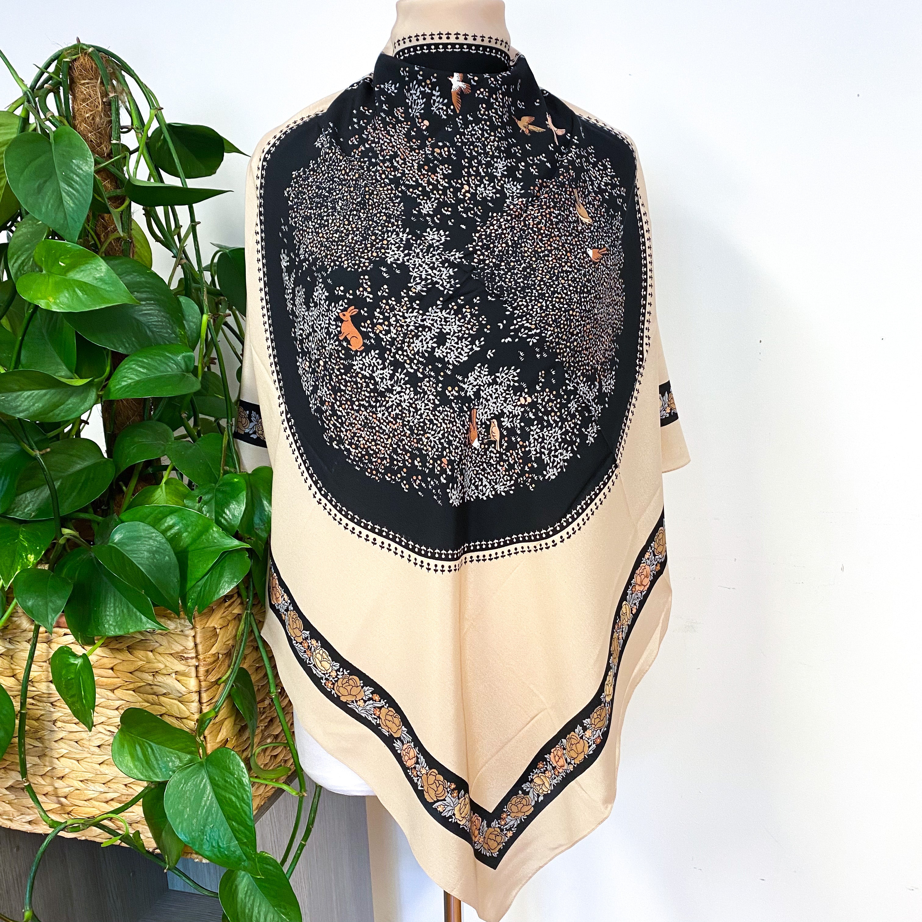 Neutral Floral Edge Crêpe Vintage Silk Scarf