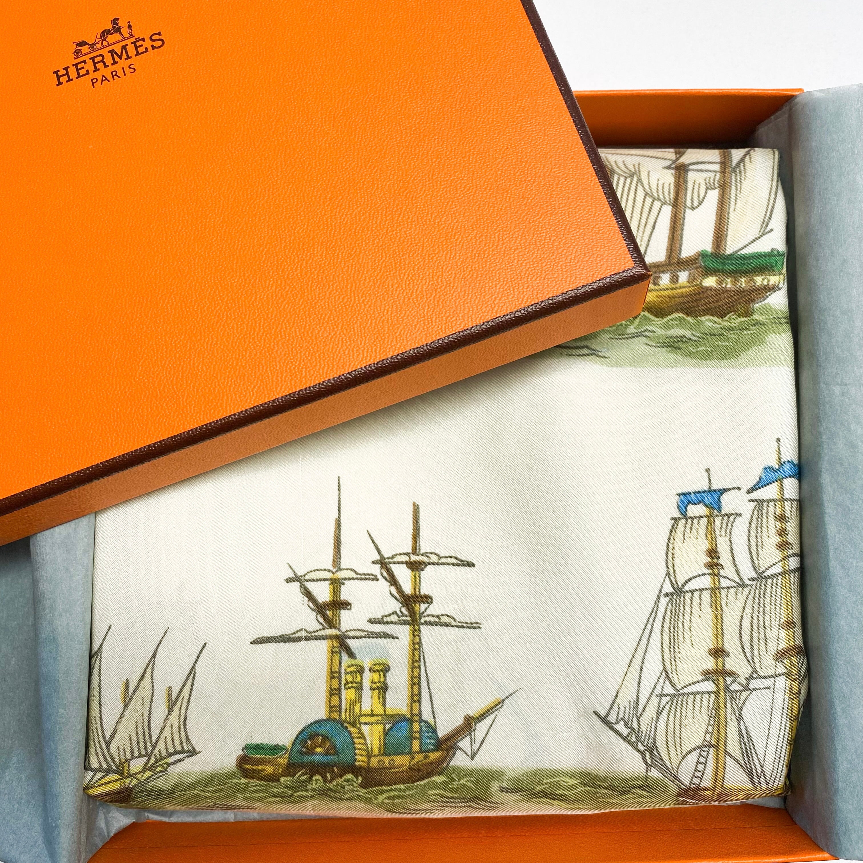 Boxed Hermes Navires d’Europe 1965 Designer Silk Scarf