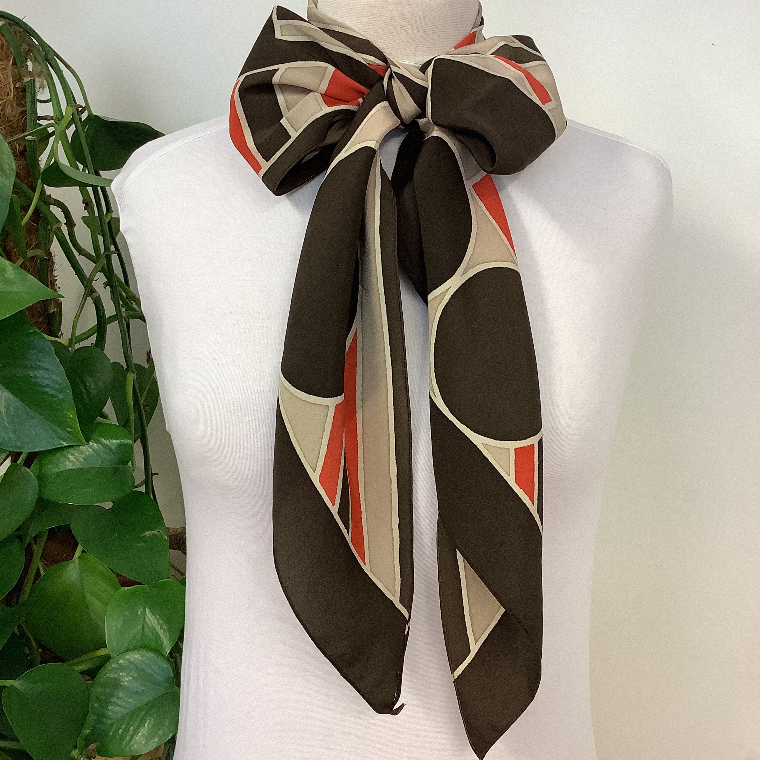 1940s Long Pussy Bow Brown and Orange Vintage Silk Scarf