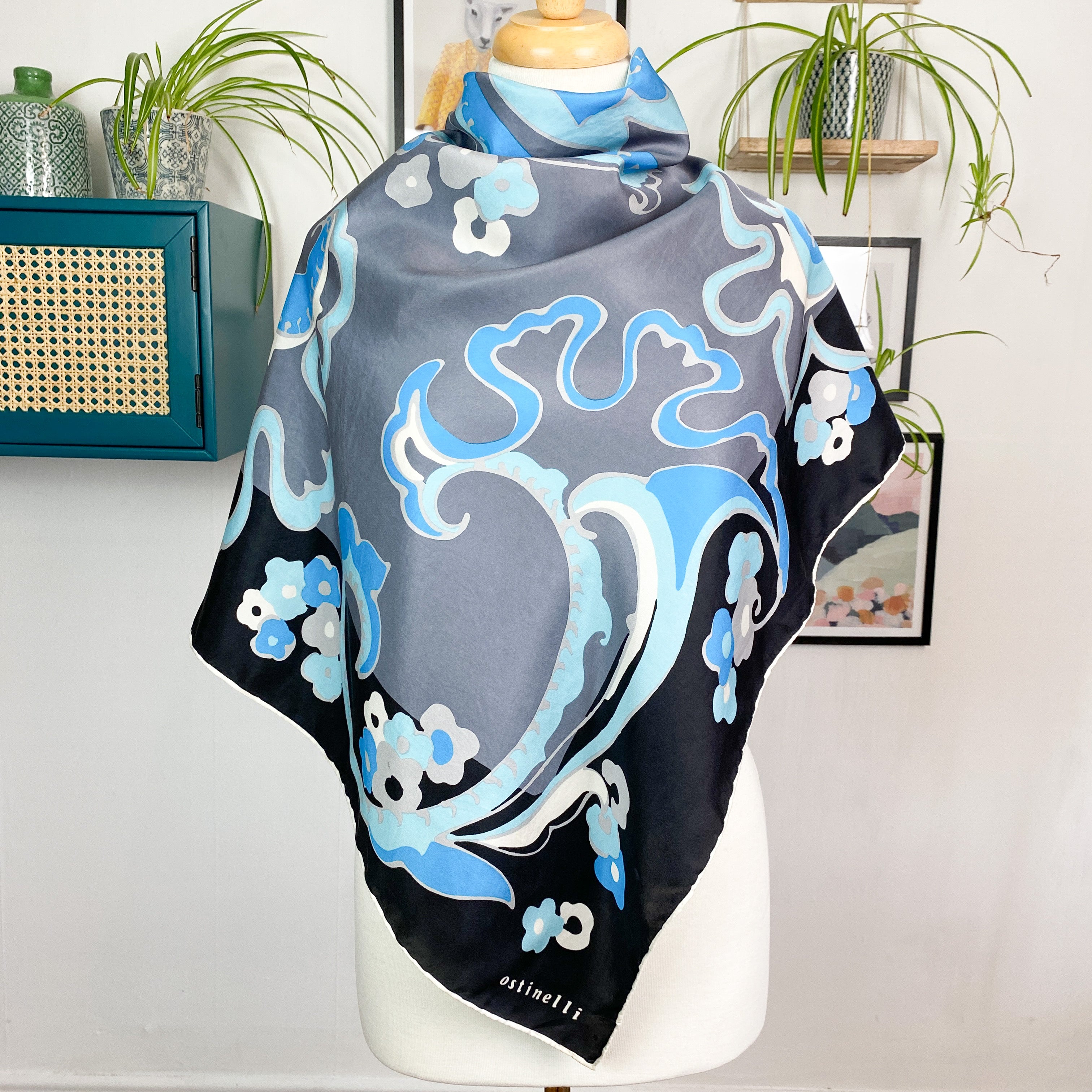 1970s Ostinelli Italian Floral Vintage Silk Scarf