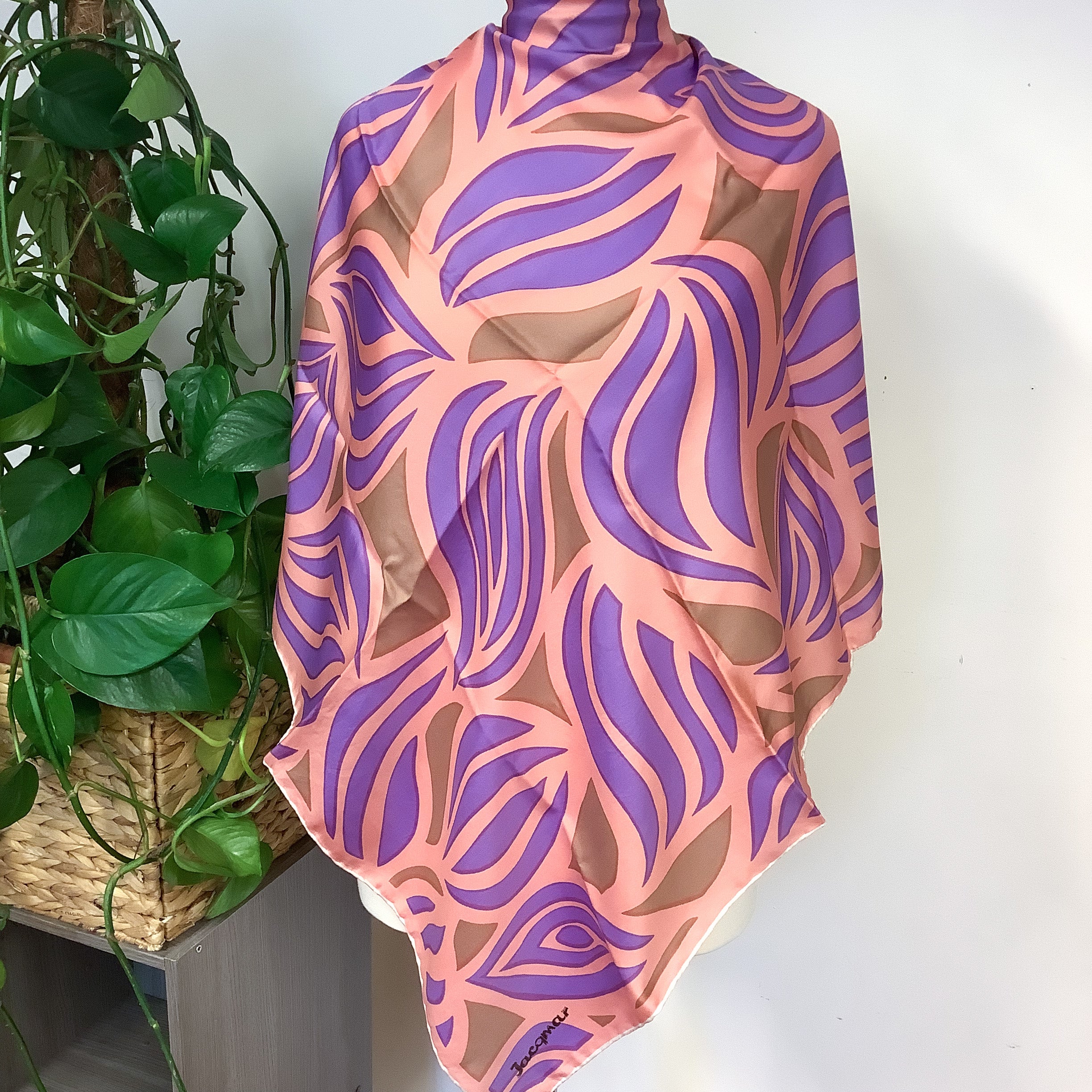 Jacqmar 1970s Pink and Purple Abstract Vintage Silk Scarf