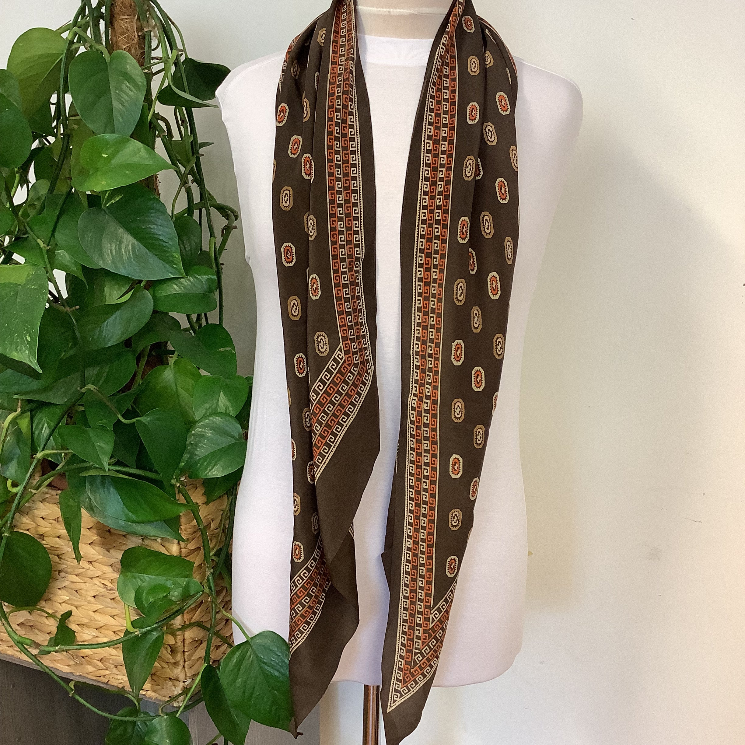 1940s Long Pussy Bow Browns Vintage Silk Scarf