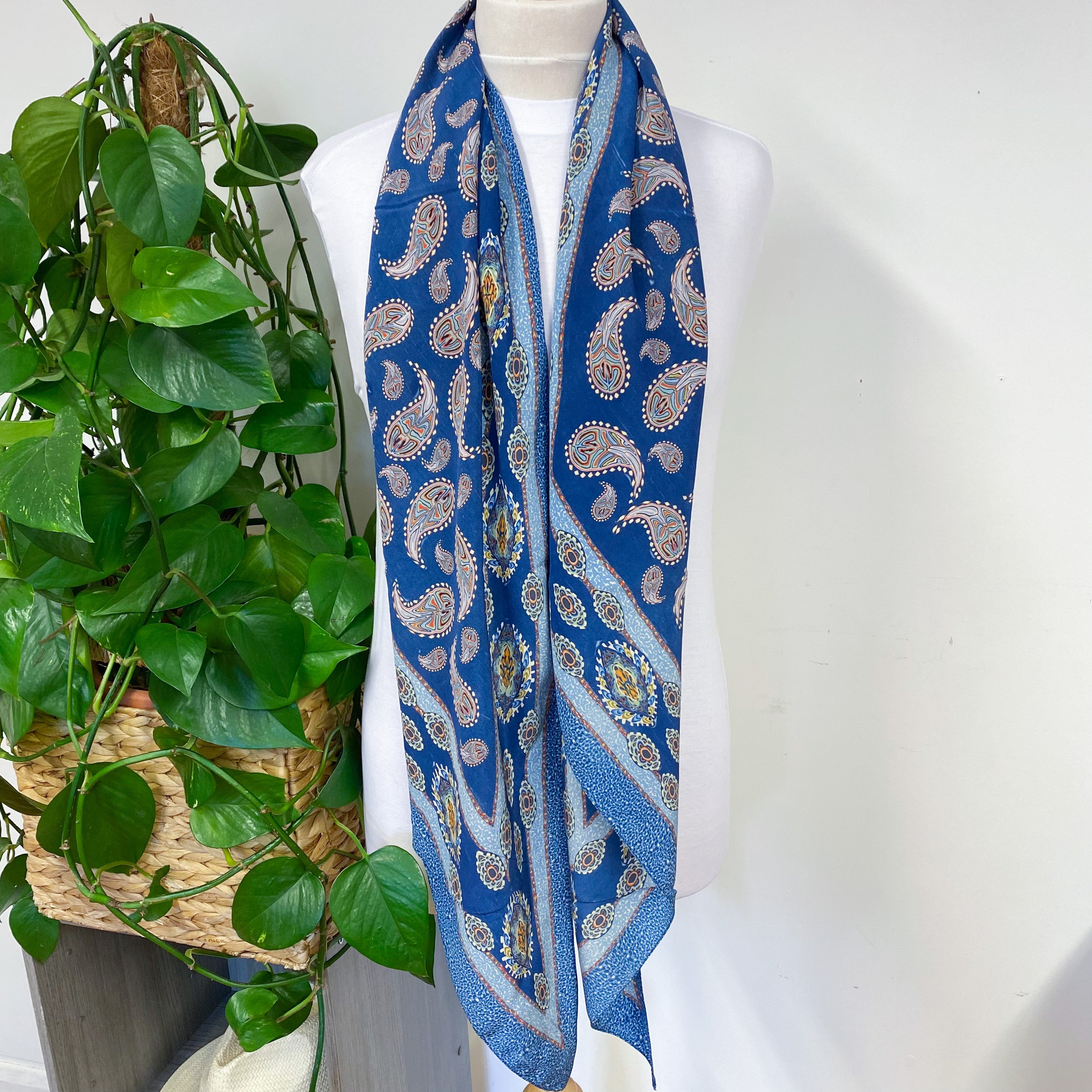1940s Long Pussy Bow Blues Vintage Silk Scarf
