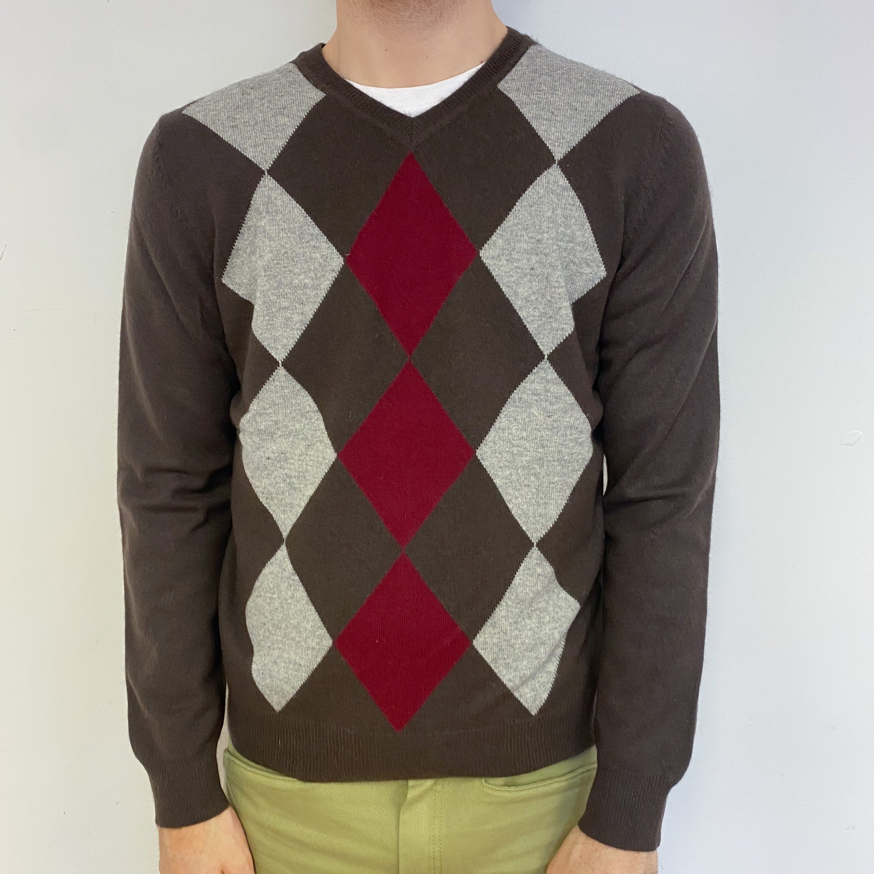 Men’s Chocolate Brown Diamond Patterned V Neck Jumper Large