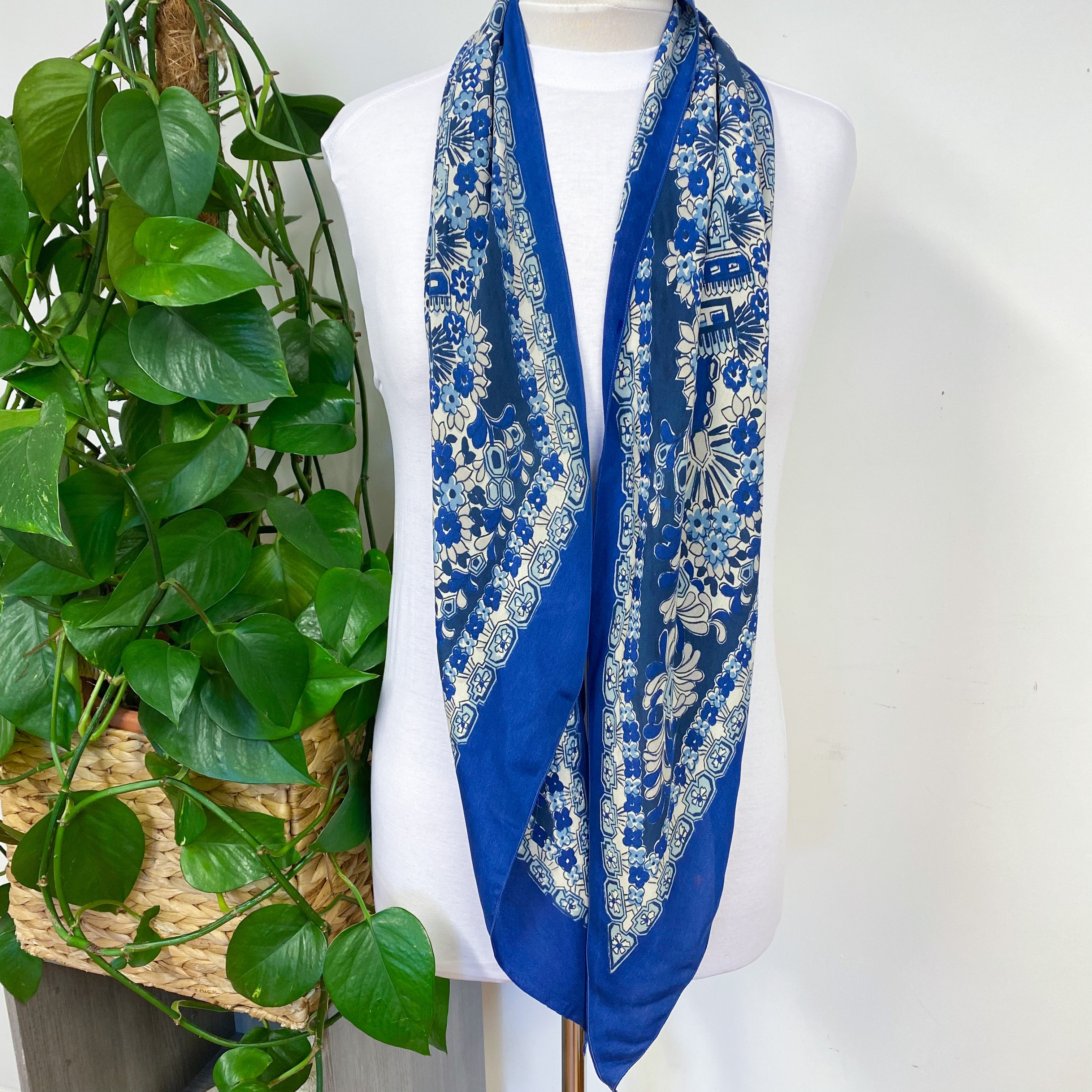 1940s Long Pussy Bow Blues Vintage Silk Scarf