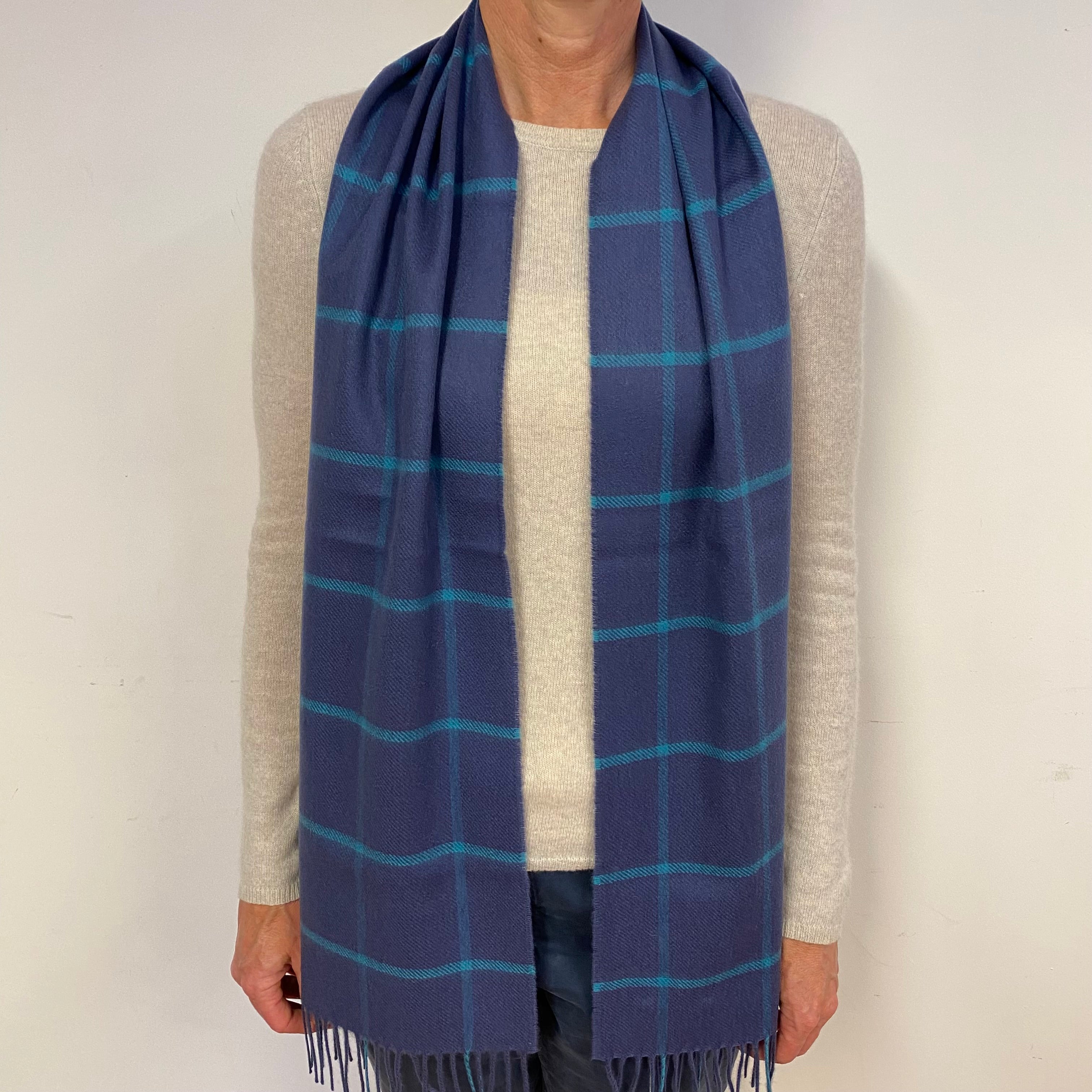 Brand New Scottish Woven Cashmere Scarf Indigo Windowpane