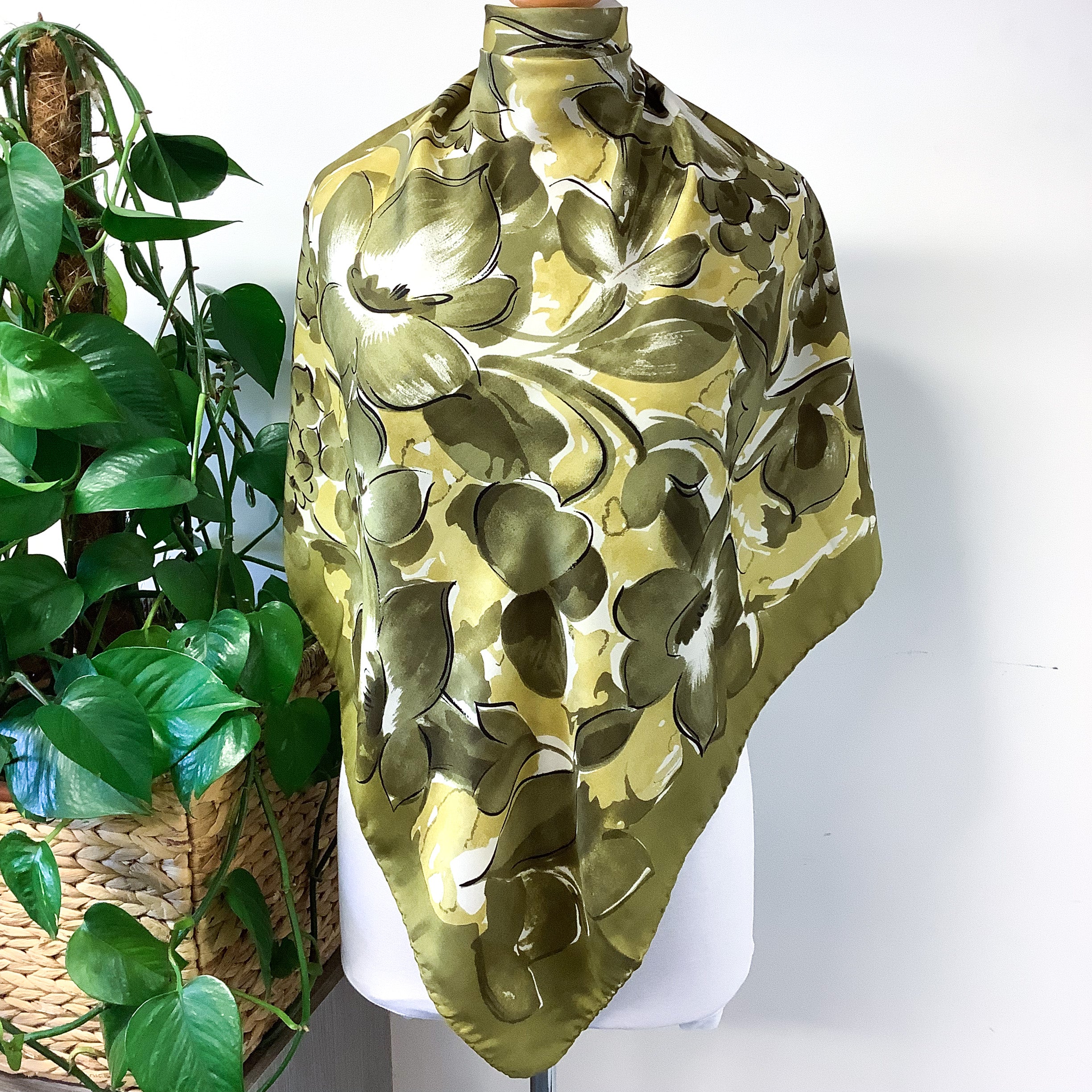 Olive Green 1960s Vintage Silk Scarf