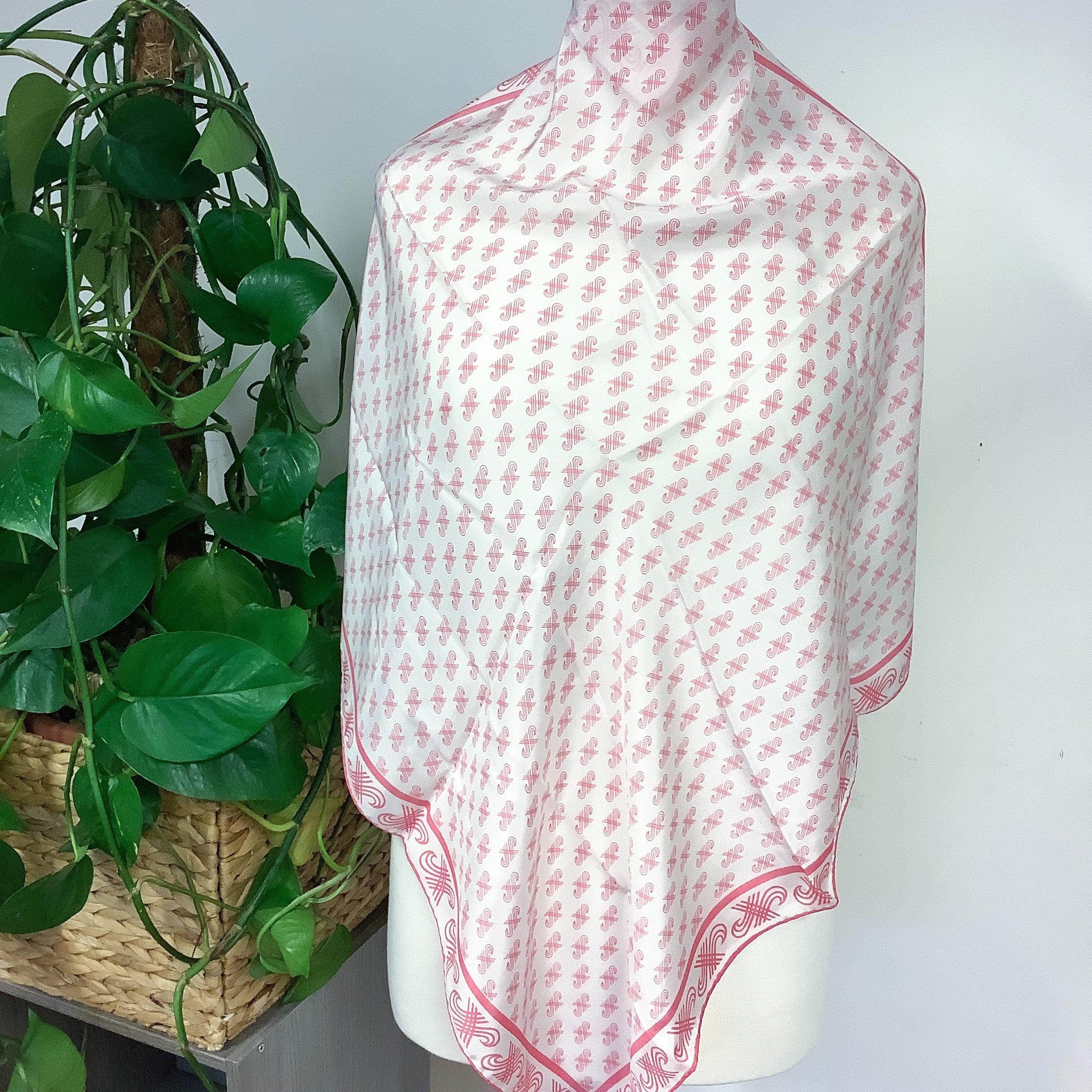 1970s Pink and White Jaeger Vintage Silk Scarf