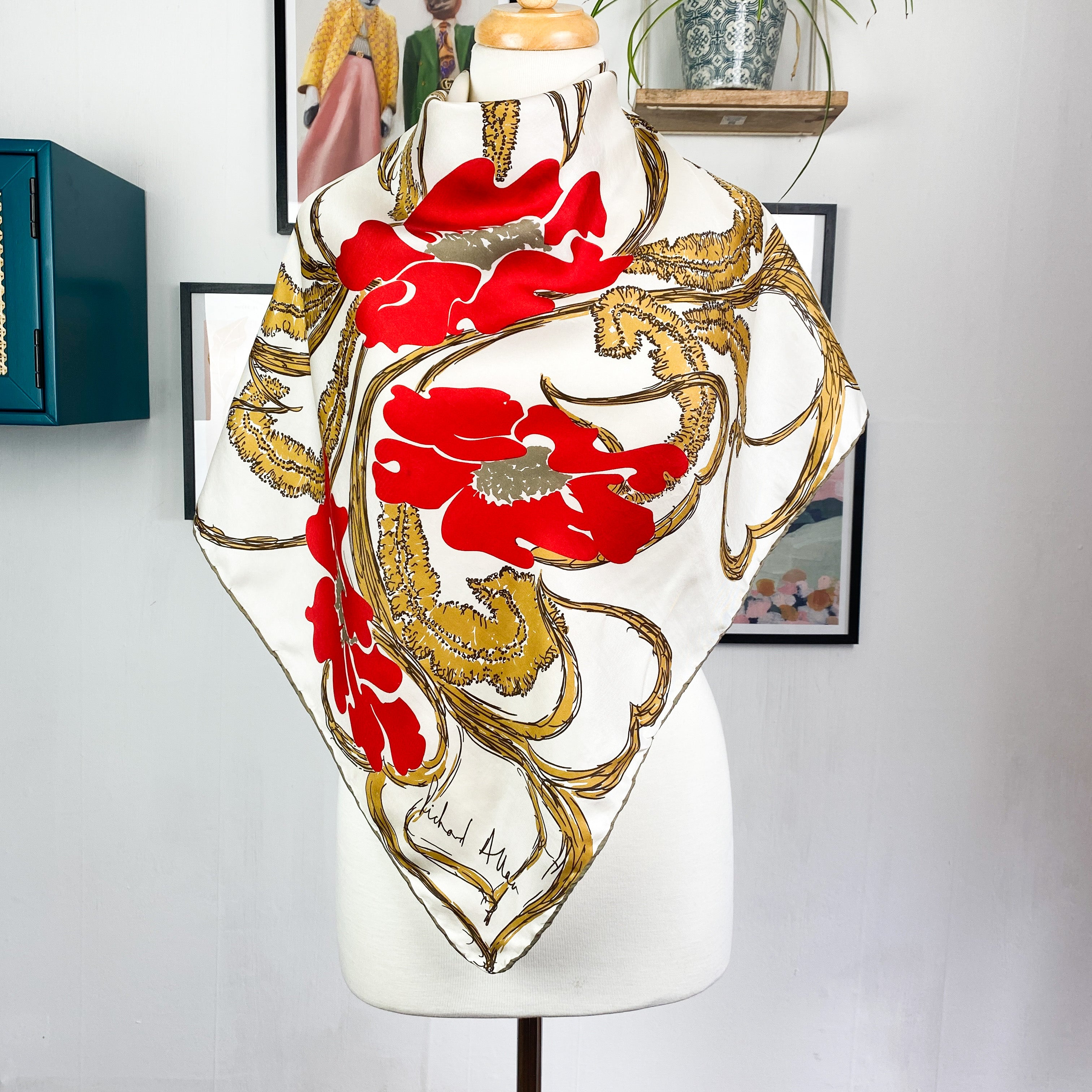 1970s Richard Allan Abstract Floral Design Vintage Silk Scarf