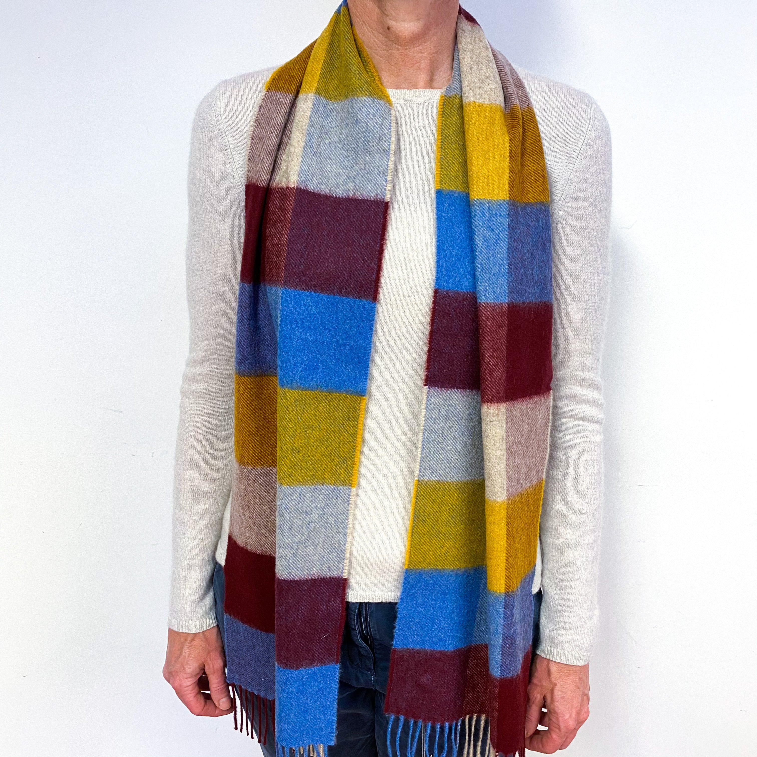 Brand New Scottish Woven Cashmere Scarf Aubergine Check