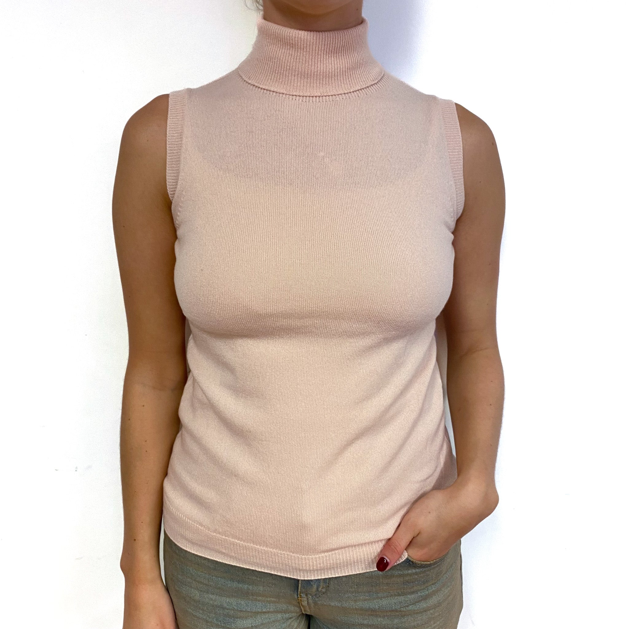 Brand New Scottish Oyster Pink Sleeveless Cashmere Polo Neck Jumper Small