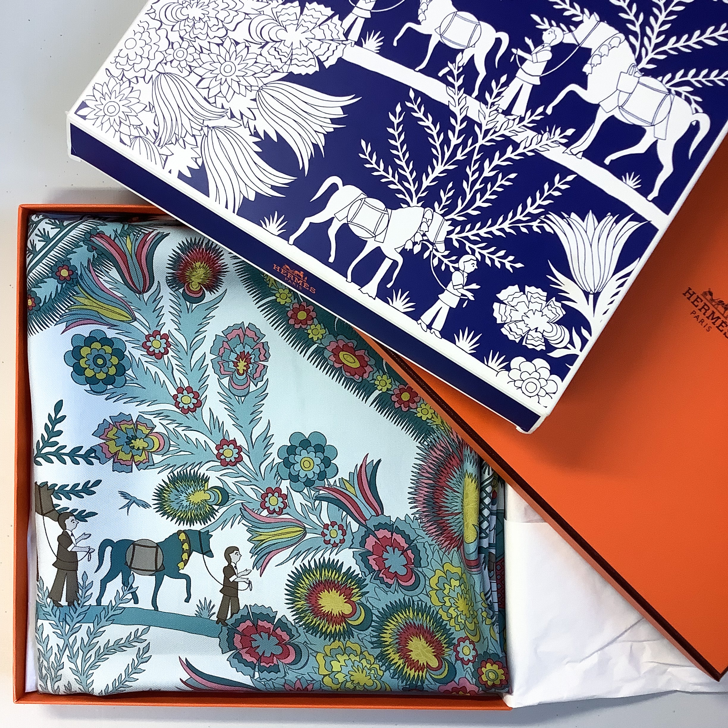 Boxed Hermes Decoupages 1997 Designer Silk Scarf