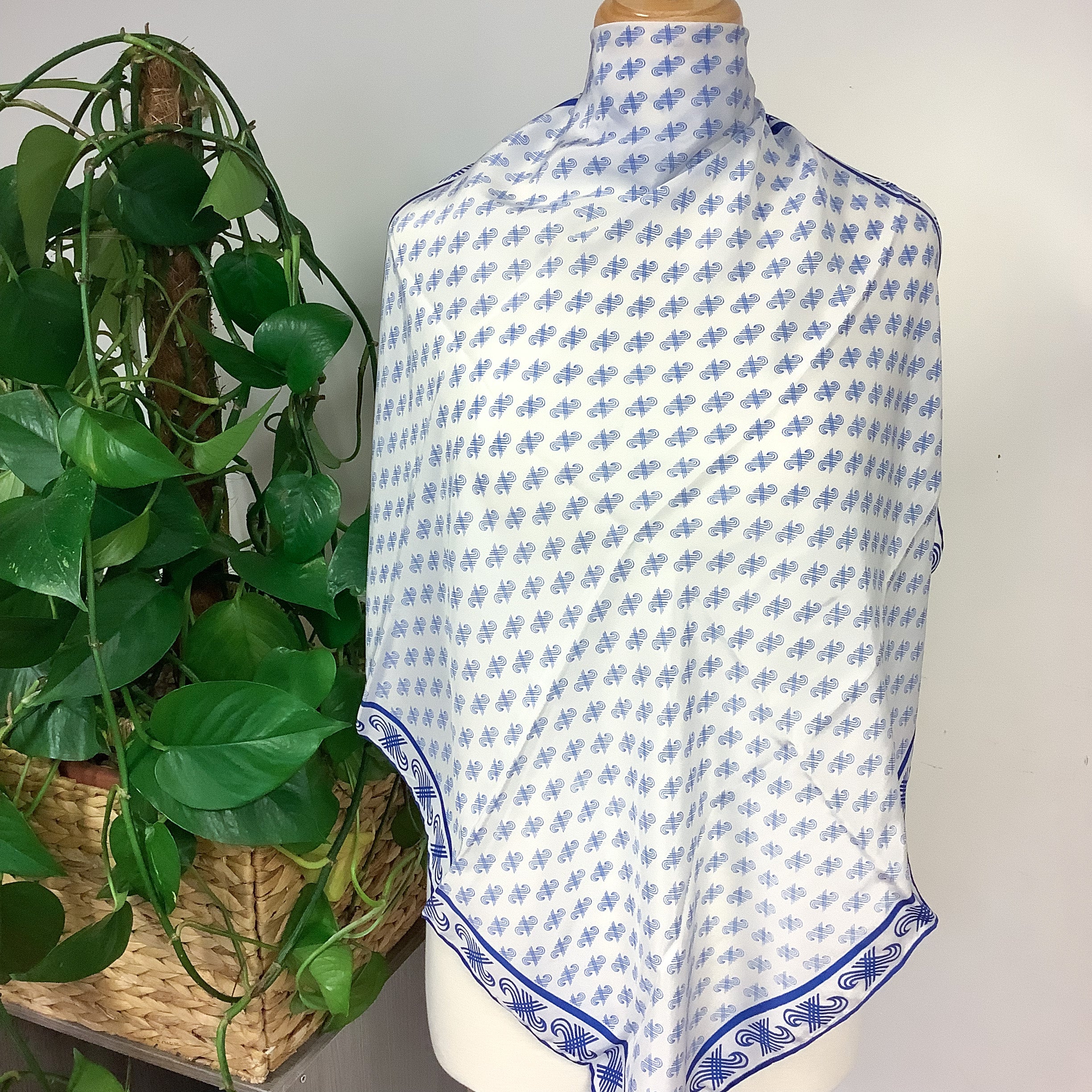 1970s Blue and White Jaeger Vintage Silk Scarf