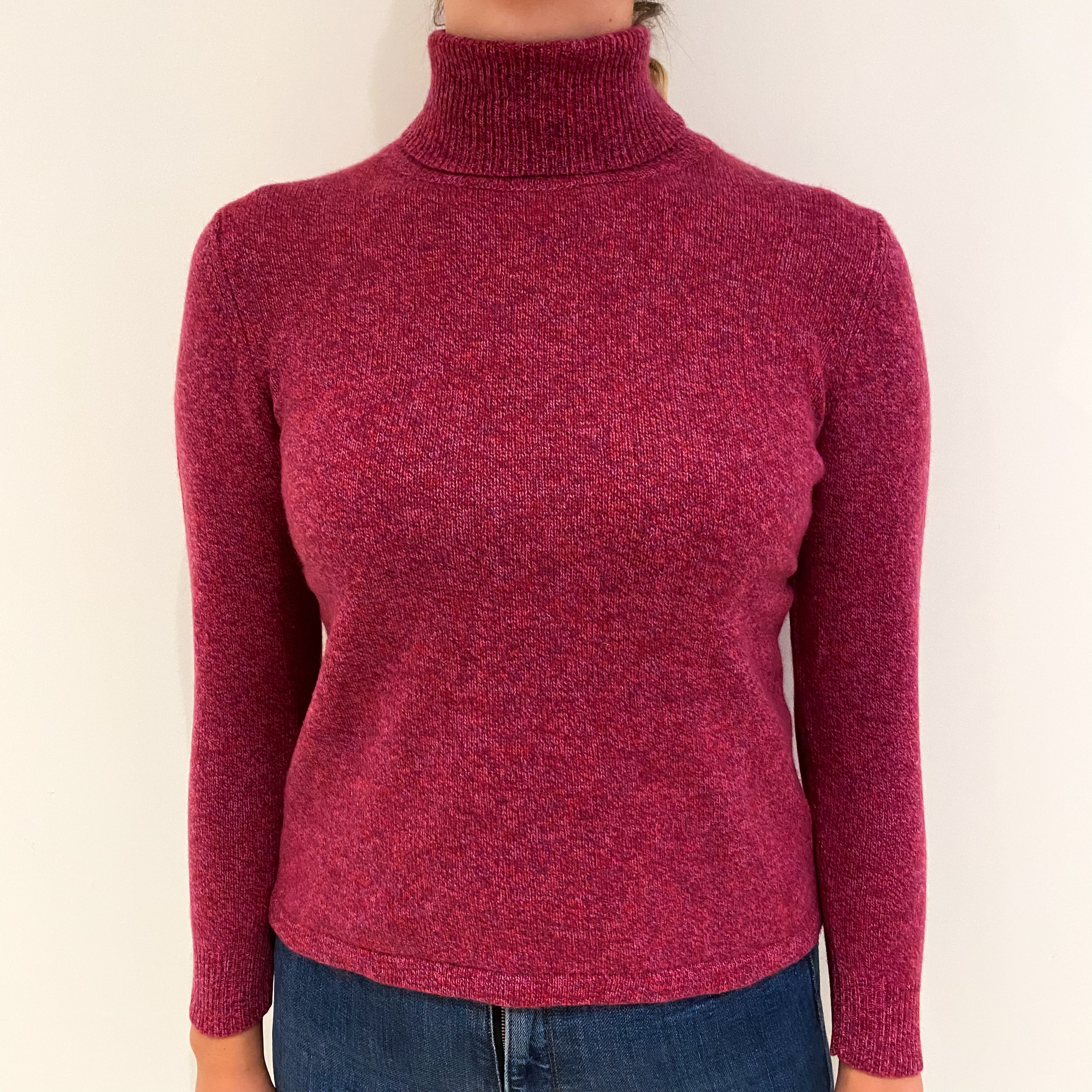 Cherry Pink Marl Cashmere Polo Neck Jumper Small Petite