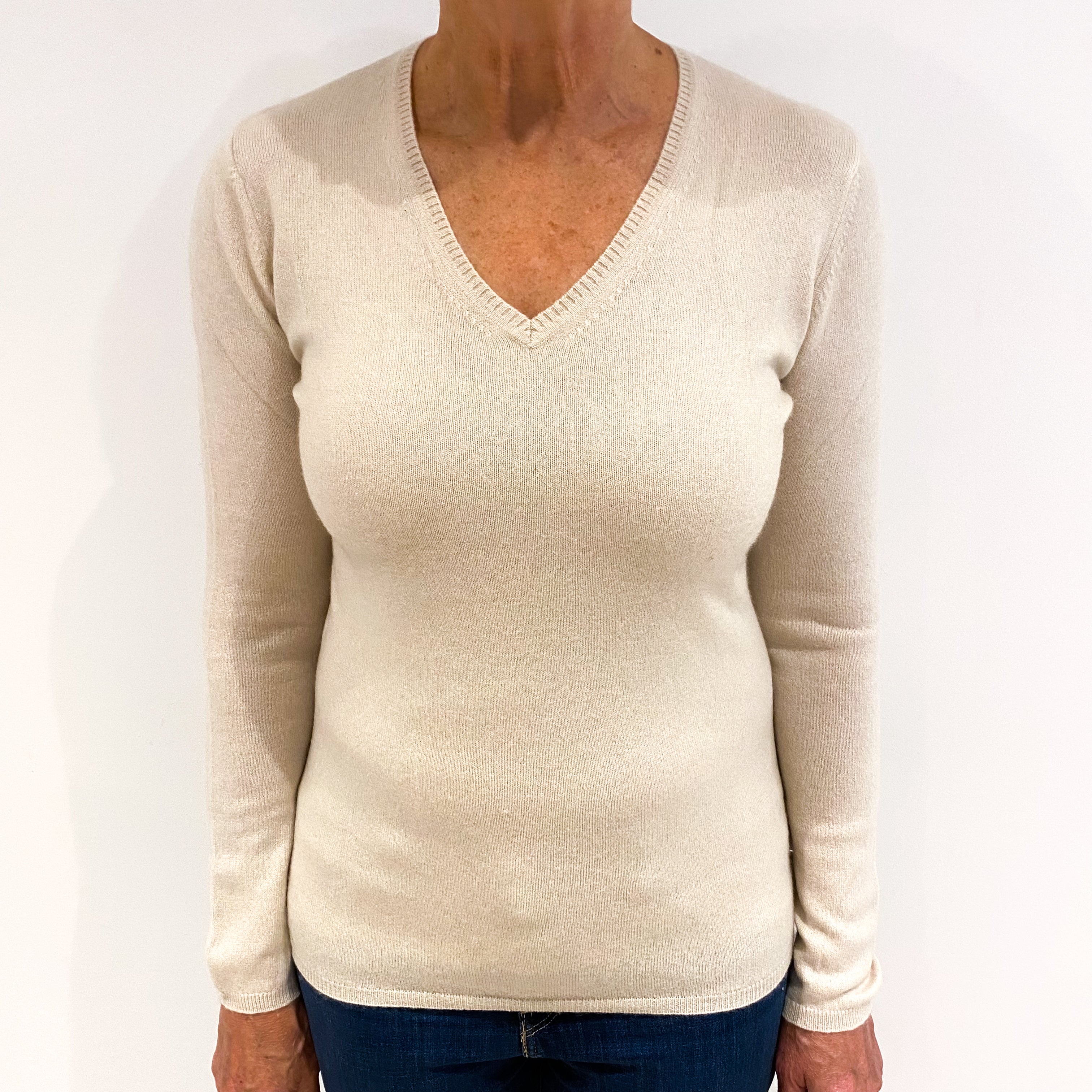 Soft Beige Cashmere V-Neck Jumper Medium