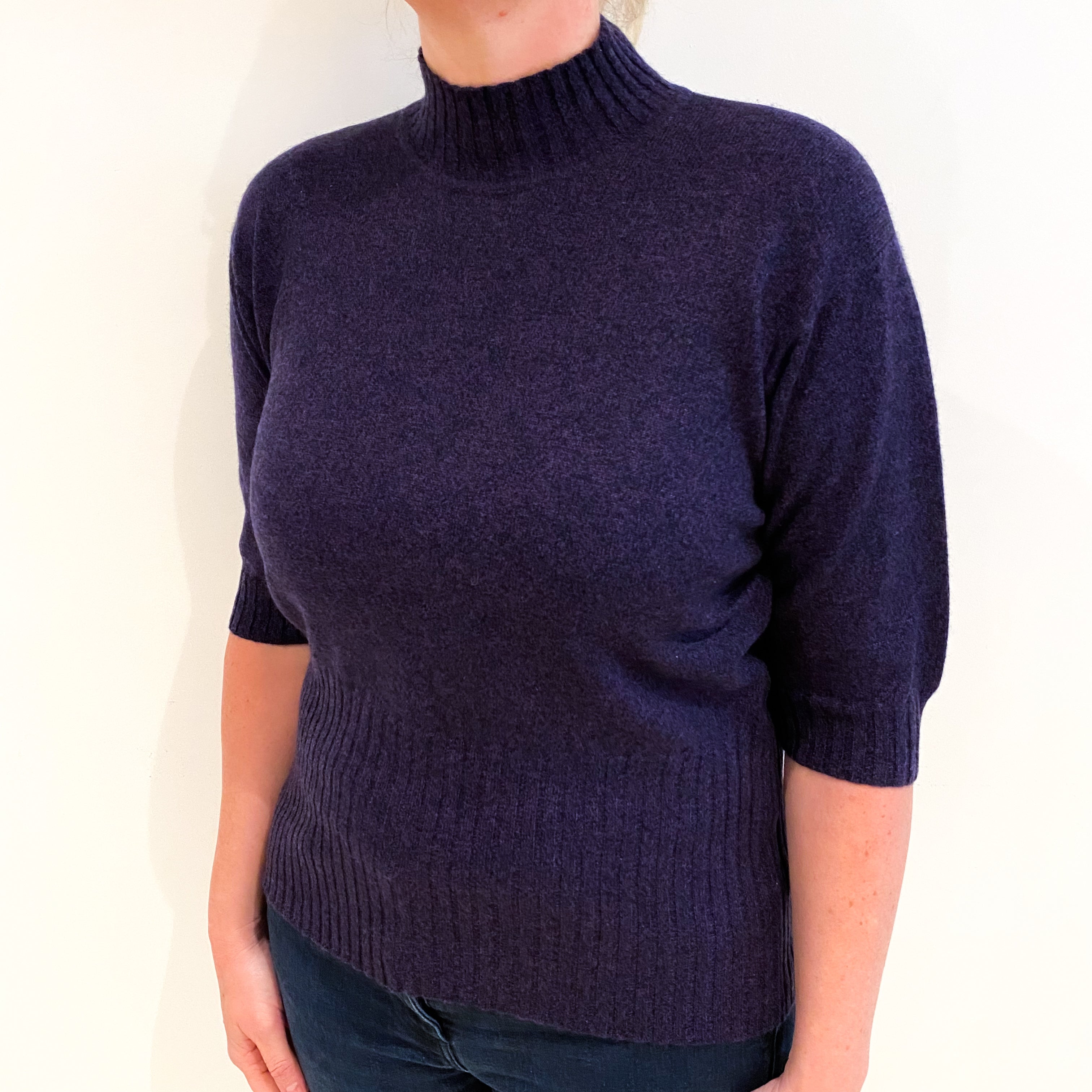 Purple Marl Cashmere Polo Neck Short Sleeved Jumper Large