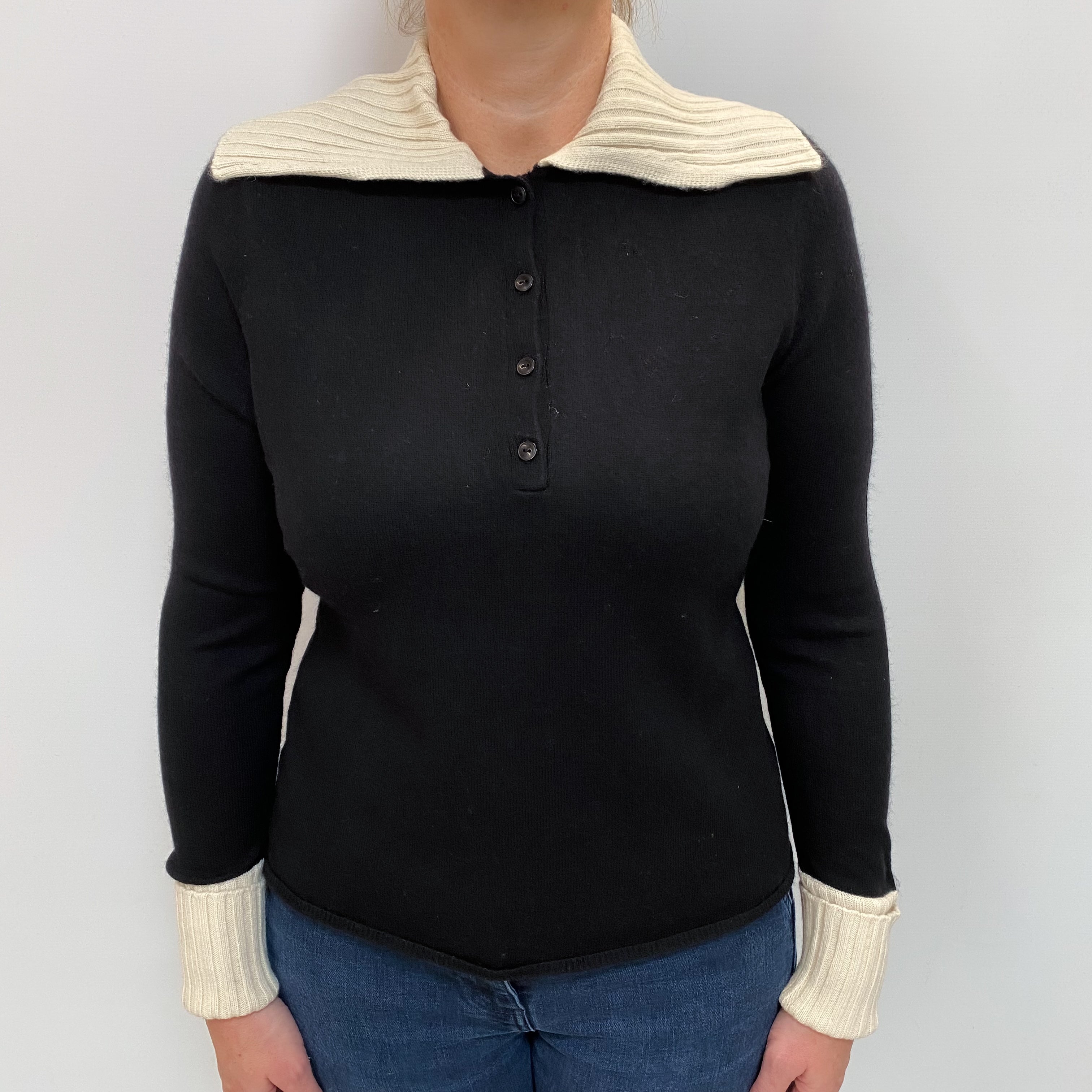 Black and Cream Cashmere Buttoned Jumper with Collar Large